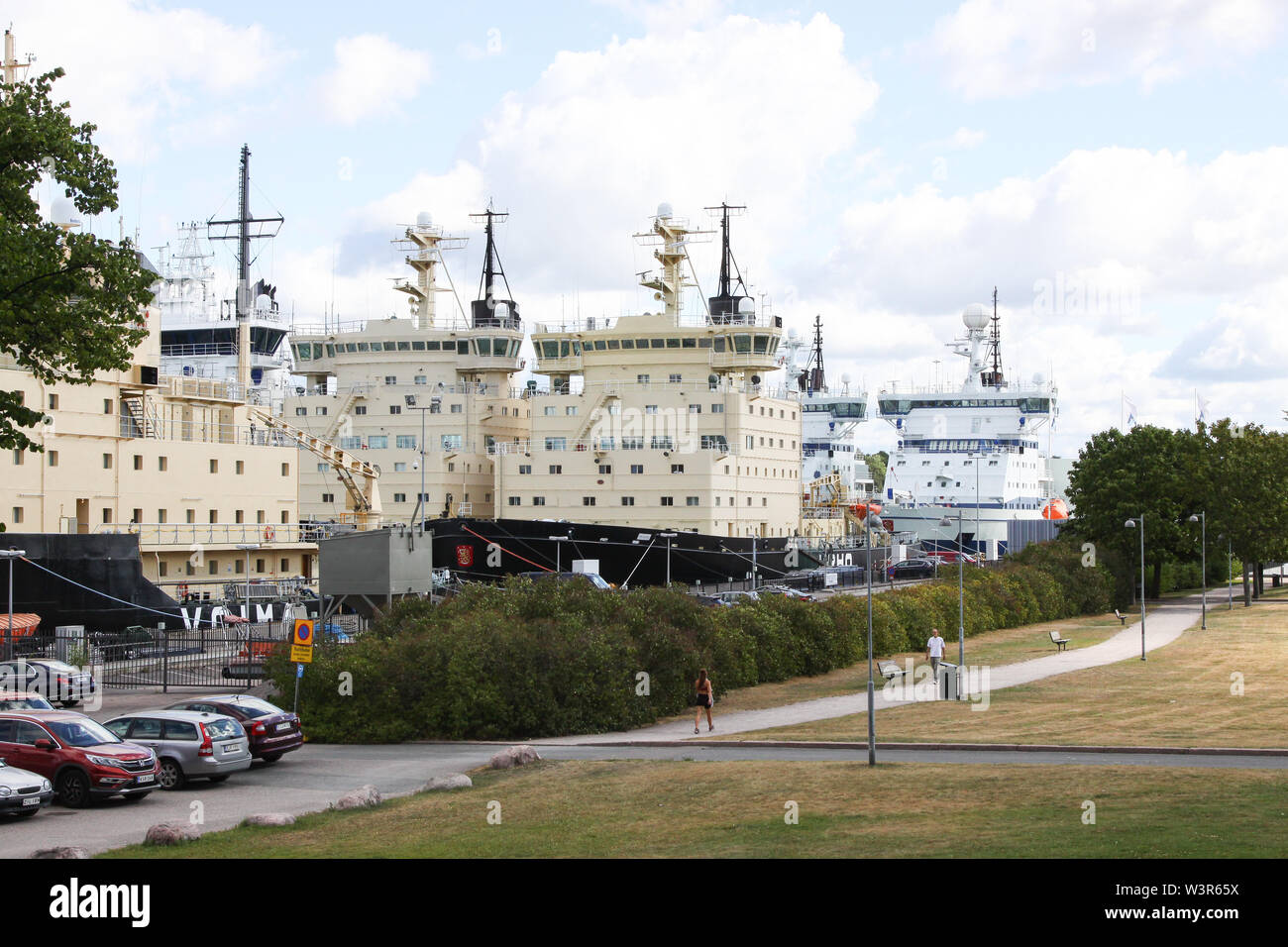 Icebreaker fleet stationed in the harbor of Katajanokka, Helsinki, Finland | Summer 2018 Stock Photo