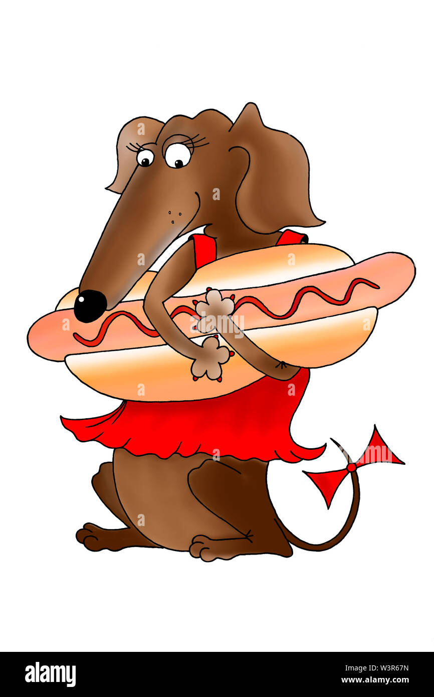 Funny hot dog greeting card with a dachshund dog in a red dress as an