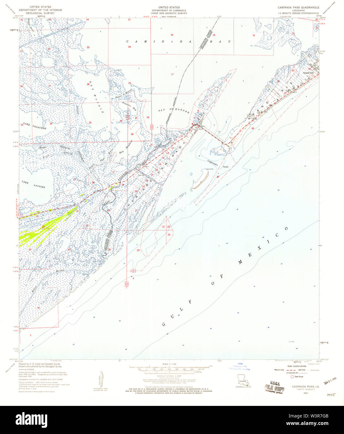 USGS TOPO Map Louisiana LA Caminada Pass 331597 1957 24000 Restoration Stock Photo