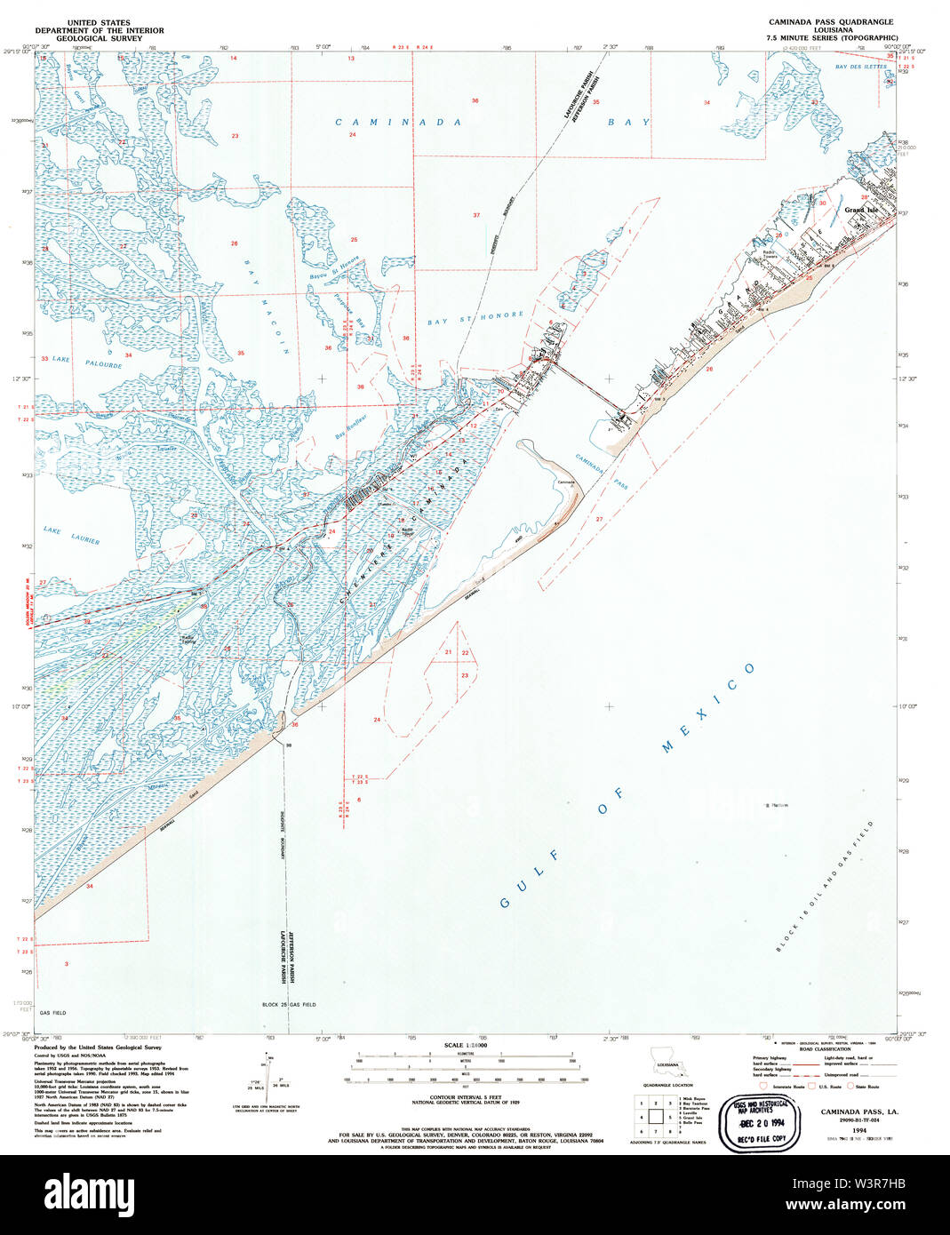 USGS TOPO Map Louisiana LA Caminada Pass 331599 1994 24000 Restoration Stock Photo