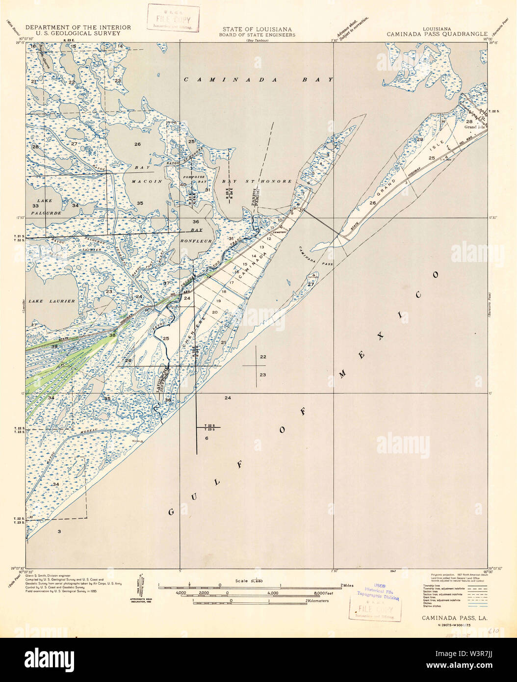 USGS TOPO Map Louisiana LA Caminada Pass 333696 1947 31680 Restoration Stock Photo