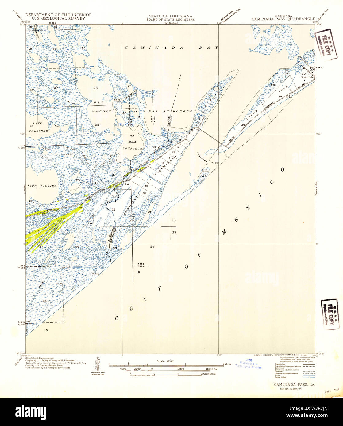USGS TOPO Map Louisiana LA Caminada Pass 333697 1954 31680 Restoration Stock Photo