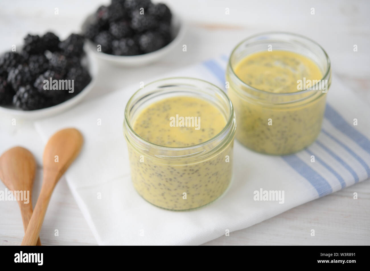 Overnight chia seeds with yoghurt and blackberry Stock Photo