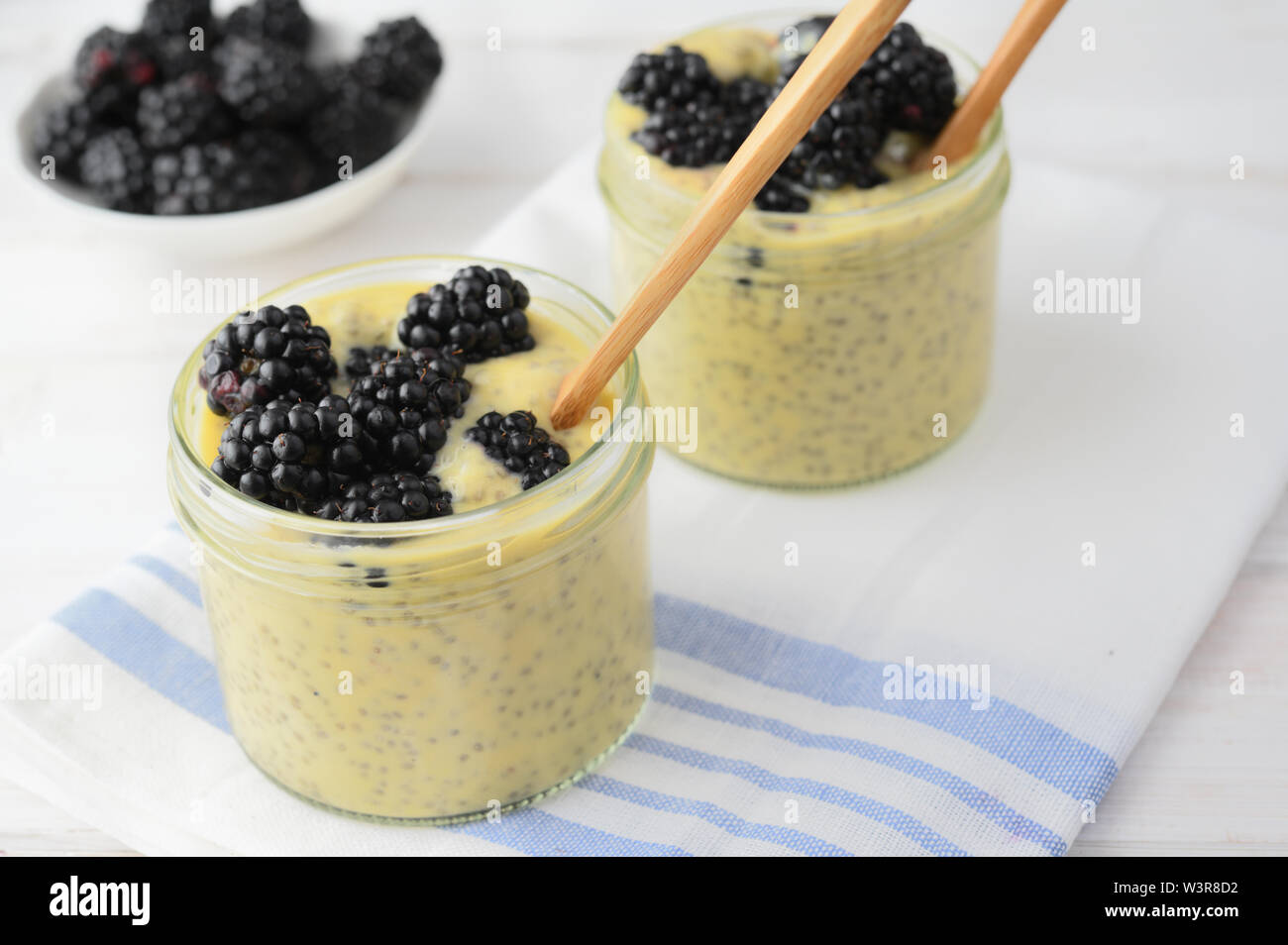 Overnight chia seeds with yoghurt and blackberry Stock Photo