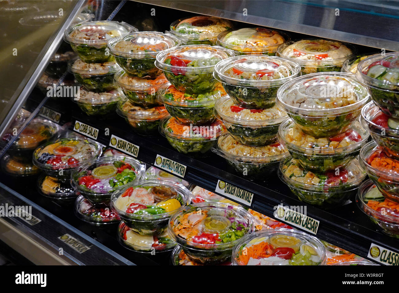 salads to go in supermarket display case Brooklyn NYC Stock Photo Alamy
