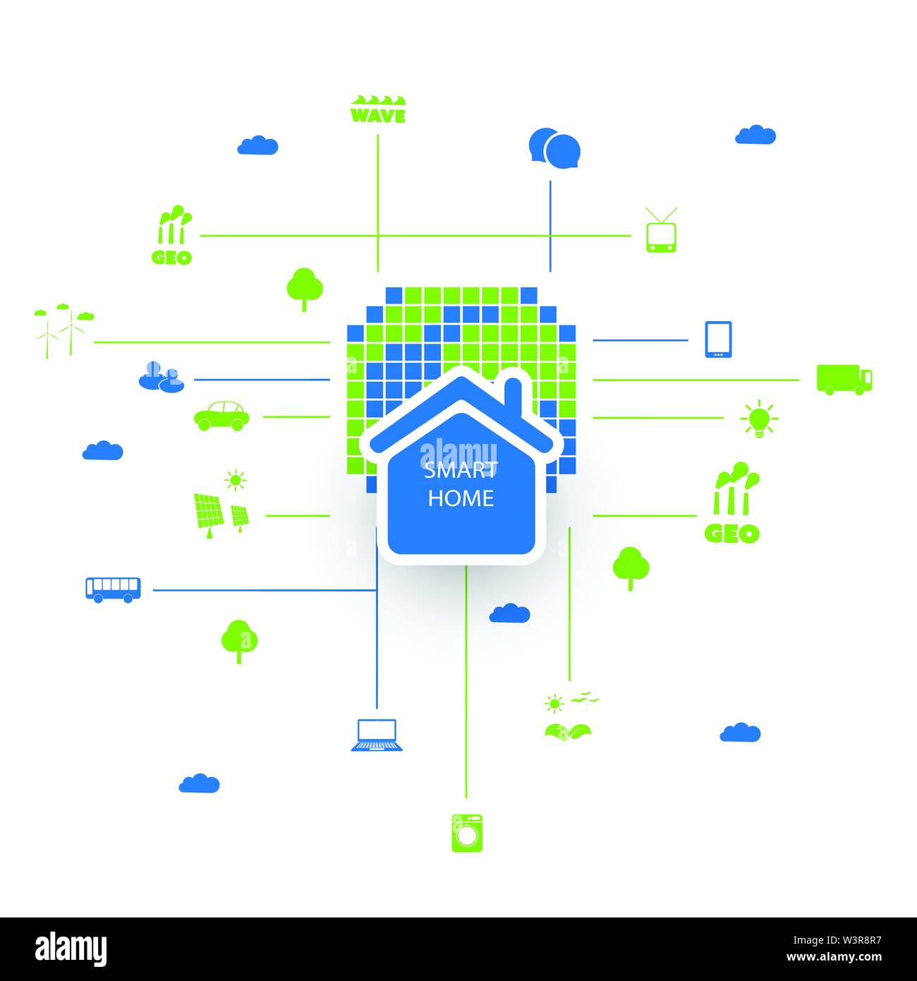 Cloud Computing, IoT, IIoT, Eco Home Network Structure, Connection, Digital Data Exchange, Cooperation, IT or Technology Concept Stock Vector