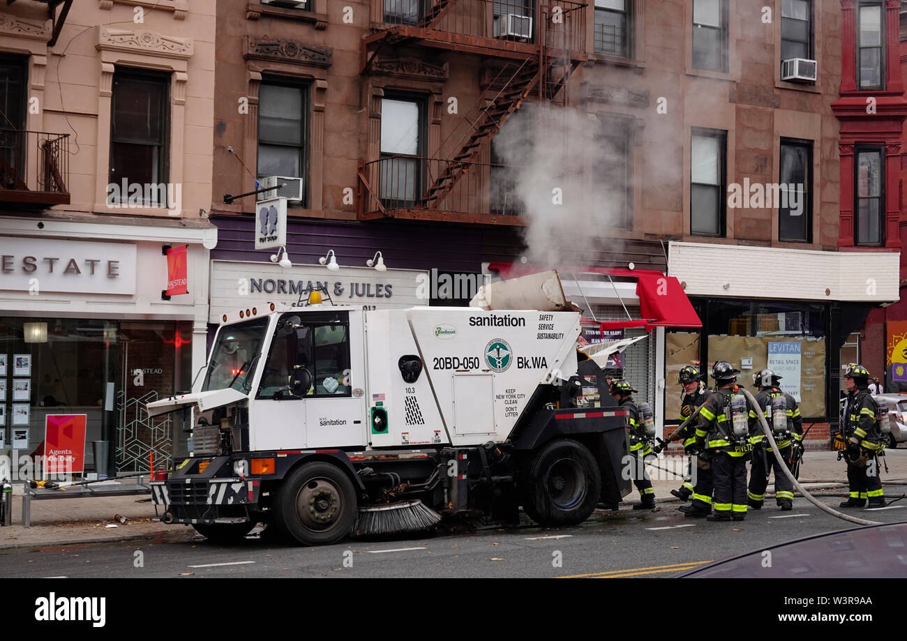 Street sweeper on fire in Park Slope Brooklyn NYC Stock Photo Alamy