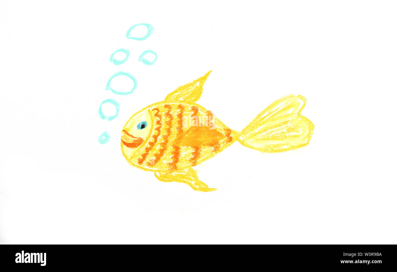 Goldfish drawing with bublles over white. Cartoon fish Stock Photo