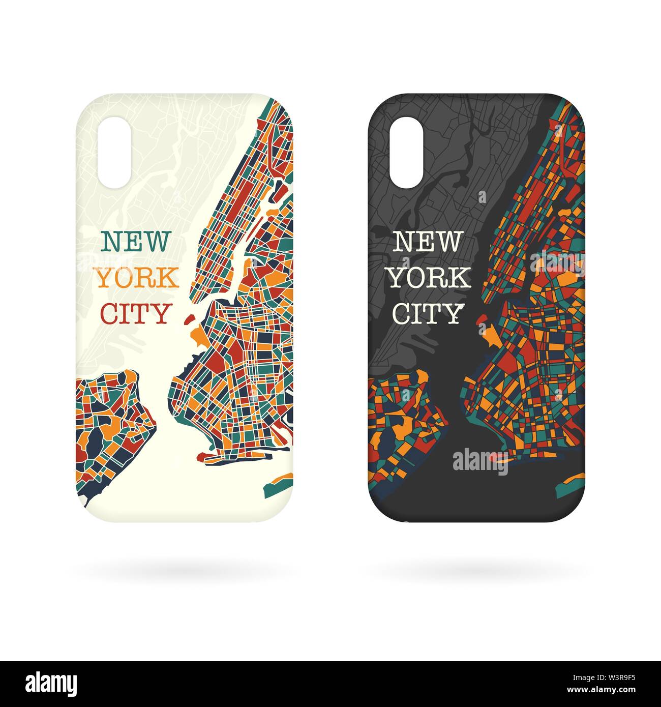 Dark and light phone case set with color city map Stock Vector