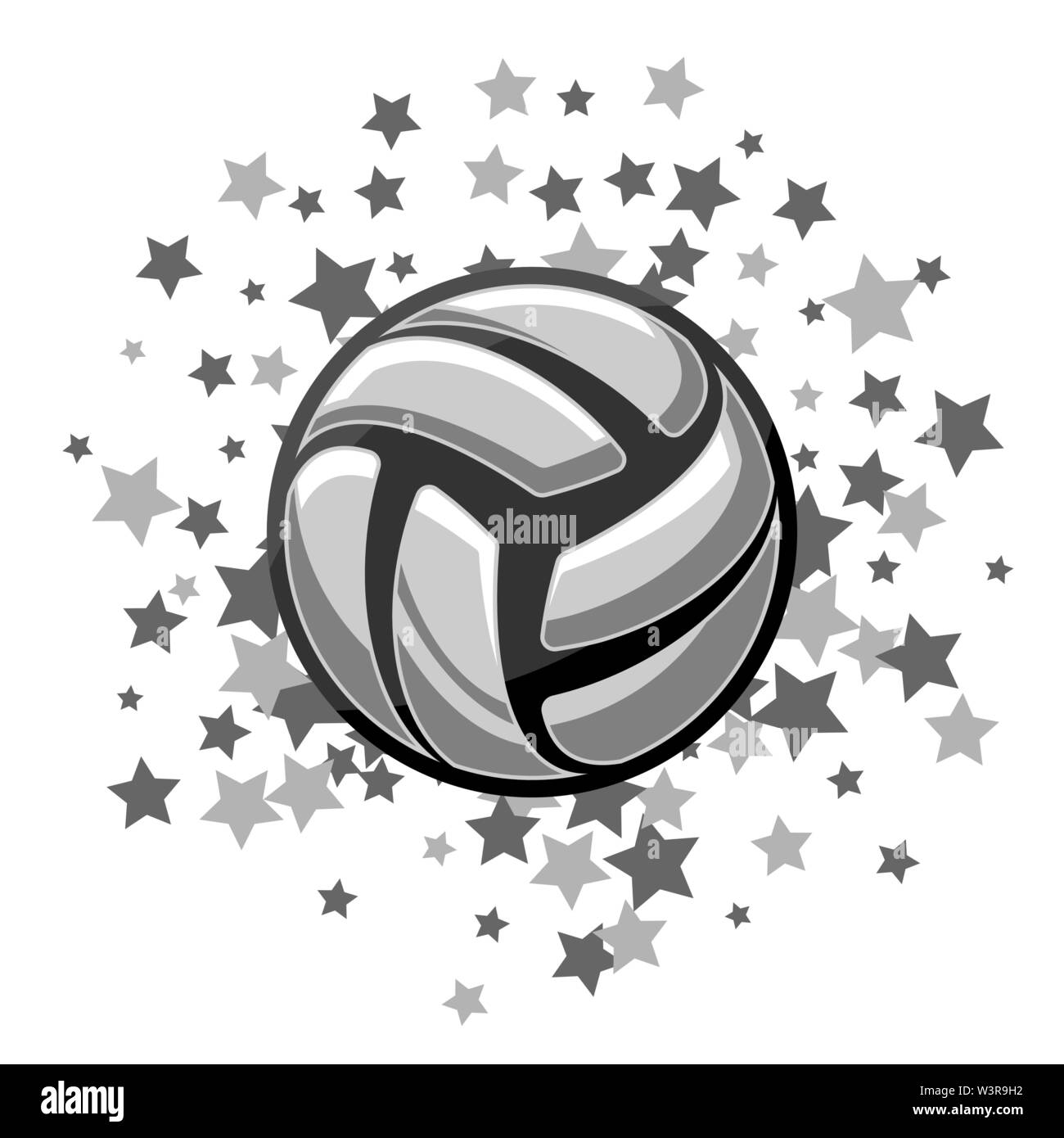 Volleyball silhouette with different stars firework isolated on white background Stock Vector