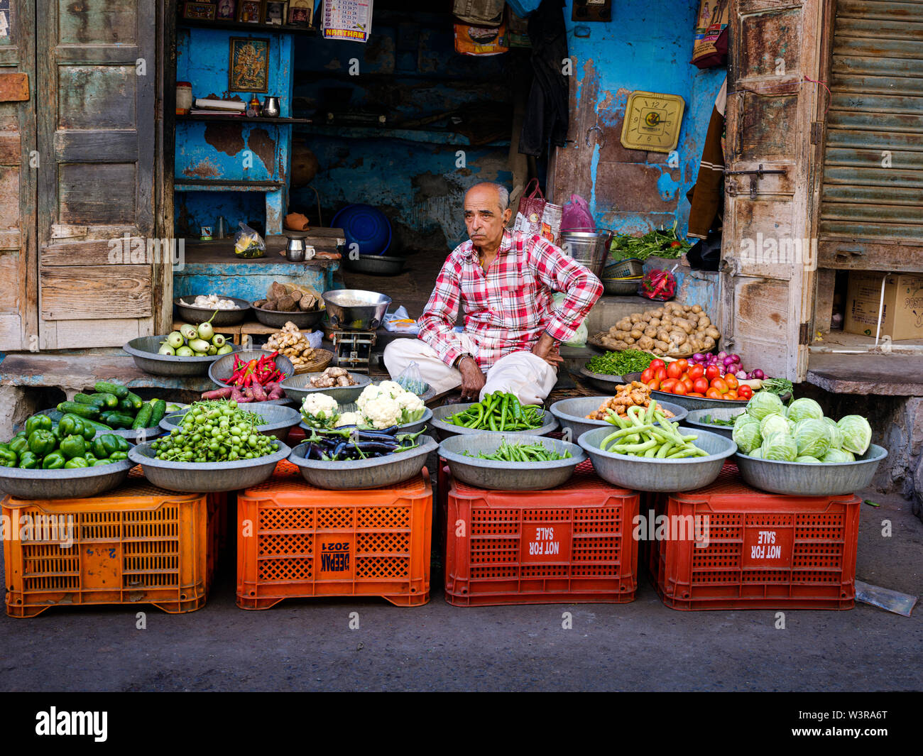 JODHPUR, INDIA CIRCA NOVEMBER 2018 Merchant in the streets of Jodphur selling vegetables