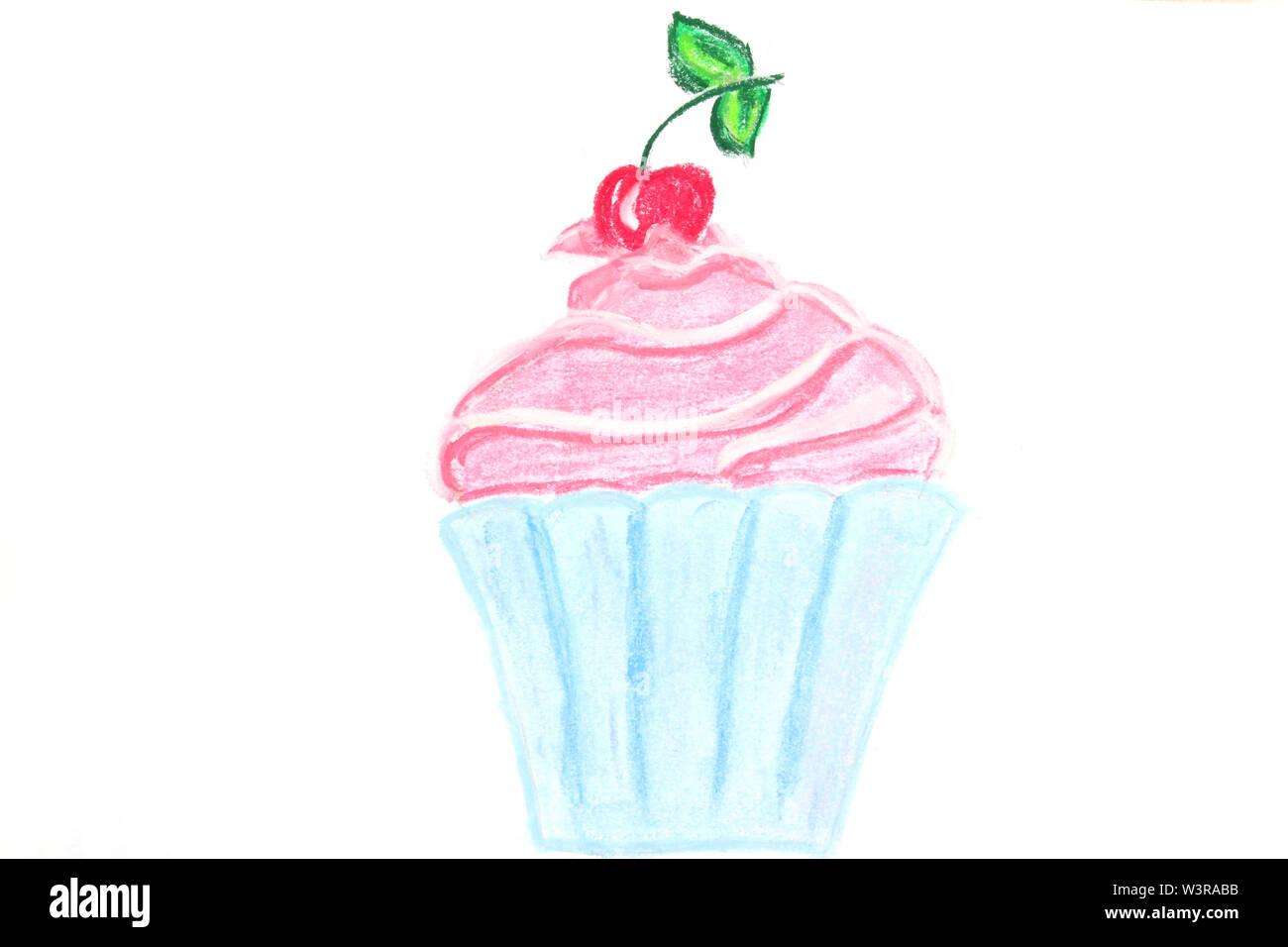 Drawing of cupcake with pink cream and cherry in blue cup over white ...