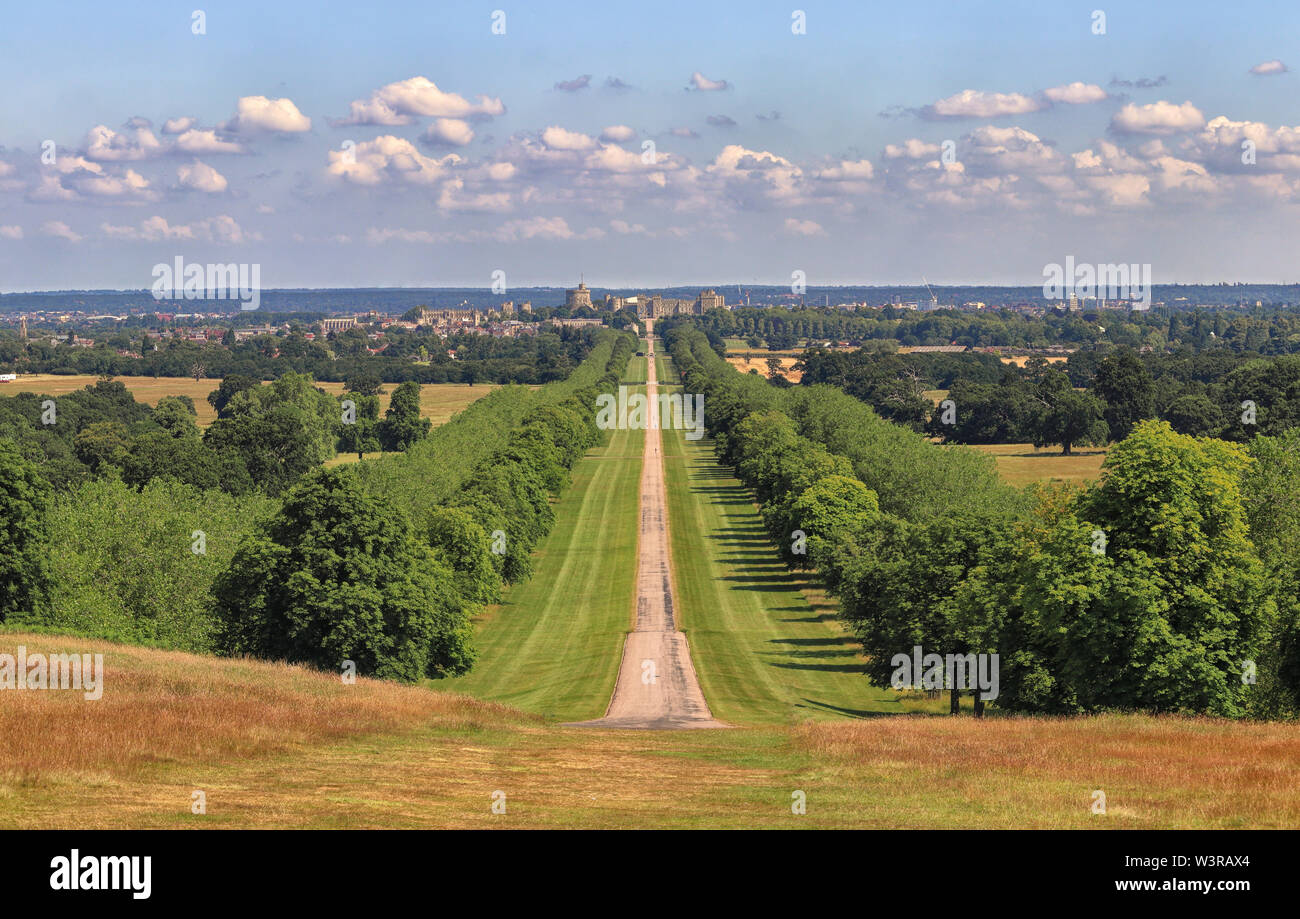 The Long Walk in Windsor Great Park in England with Windsor Castle and Town in the background Stock Photo