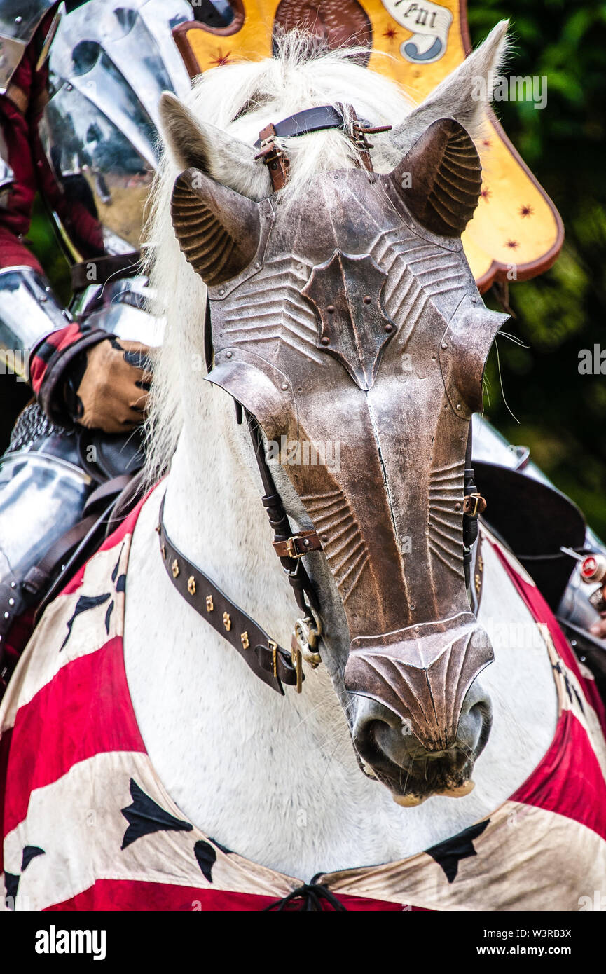 Beautifully crafted metal face armour protects the horse's head during