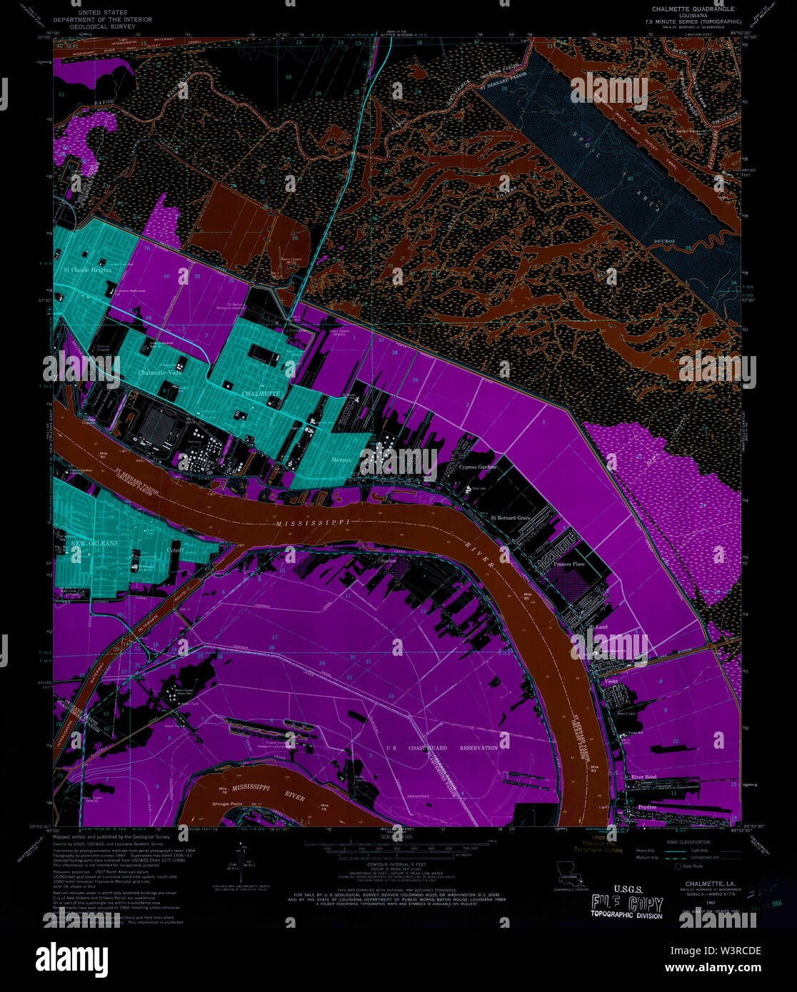 USGS TOPO Map Louisiana LA Chalmette 331653 1967 24000 Inverted Restoration Stock Photo