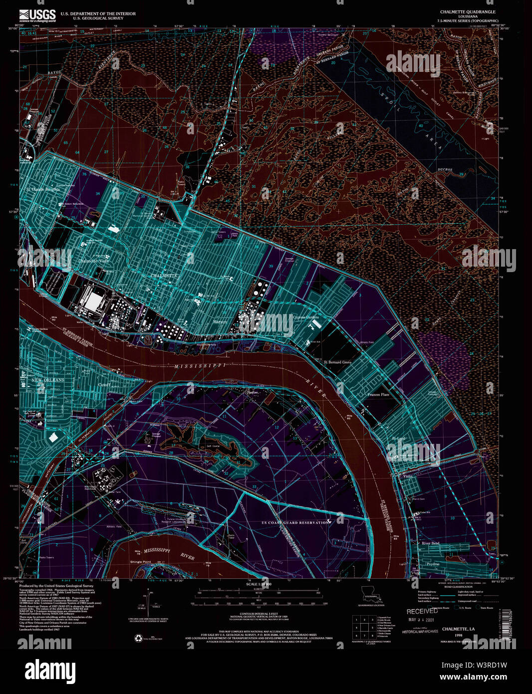 USGS TOPO Map Louisiana LA Chalmette 331658 1998 24000 Inverted Restoration Stock Photo