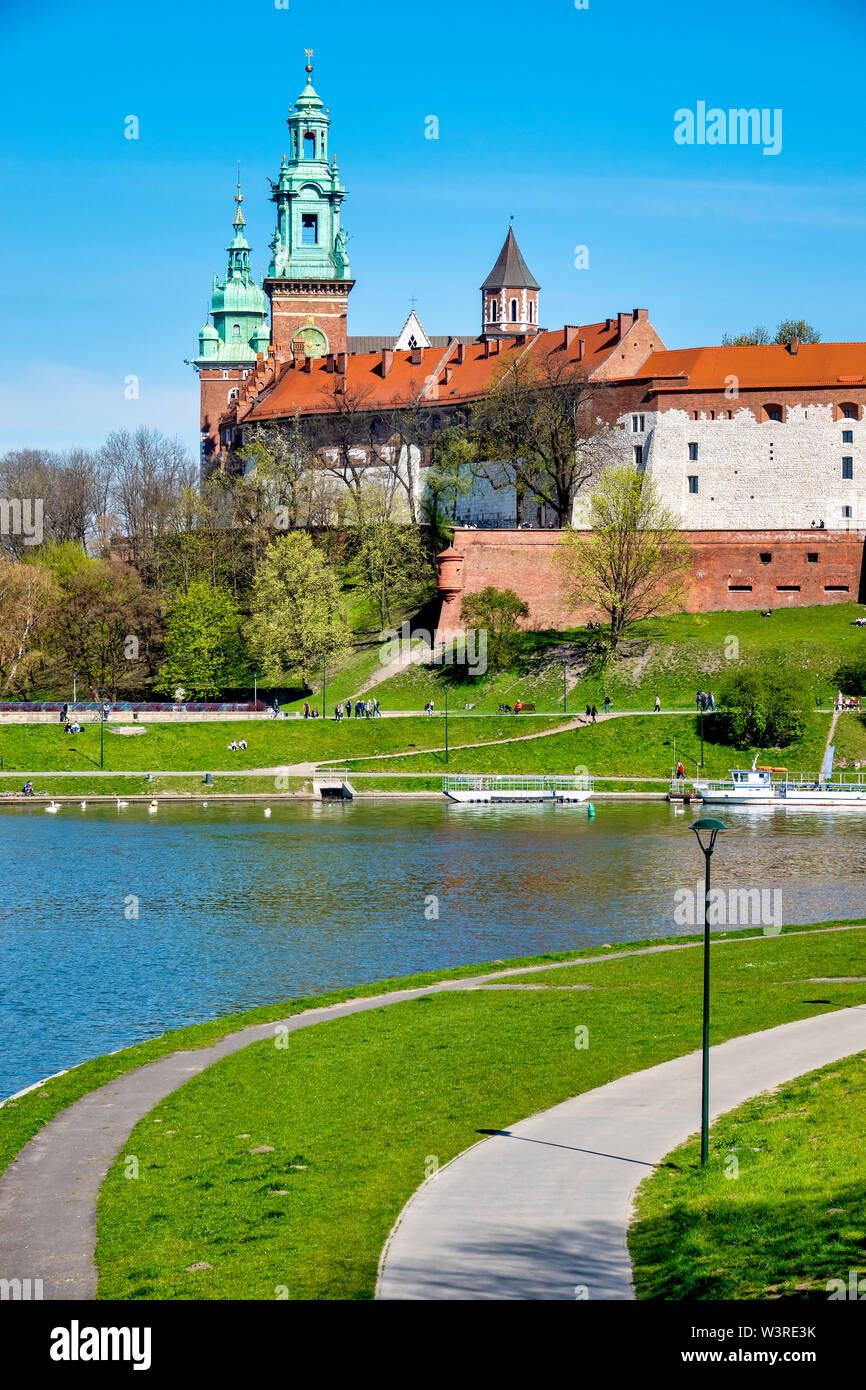Banks of the Vistula river near the Wavel Castle, Krakow, Poland Stock Photo