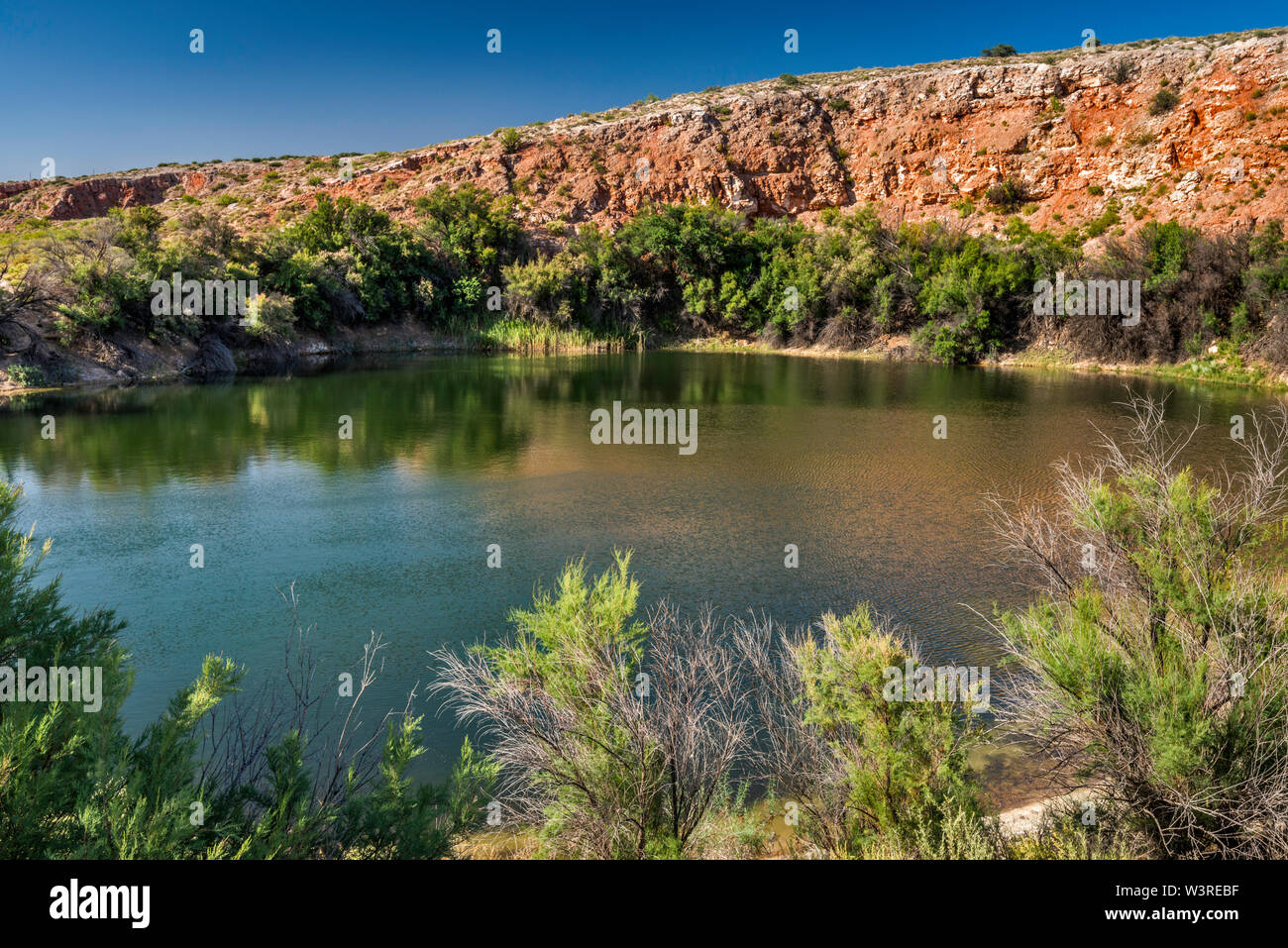 Figure Eight Lake, sinkhole lake aka cenote, limestone reef at Bottomless Lakes State Park, near Roswell, New Mexico, USA Stock Photo