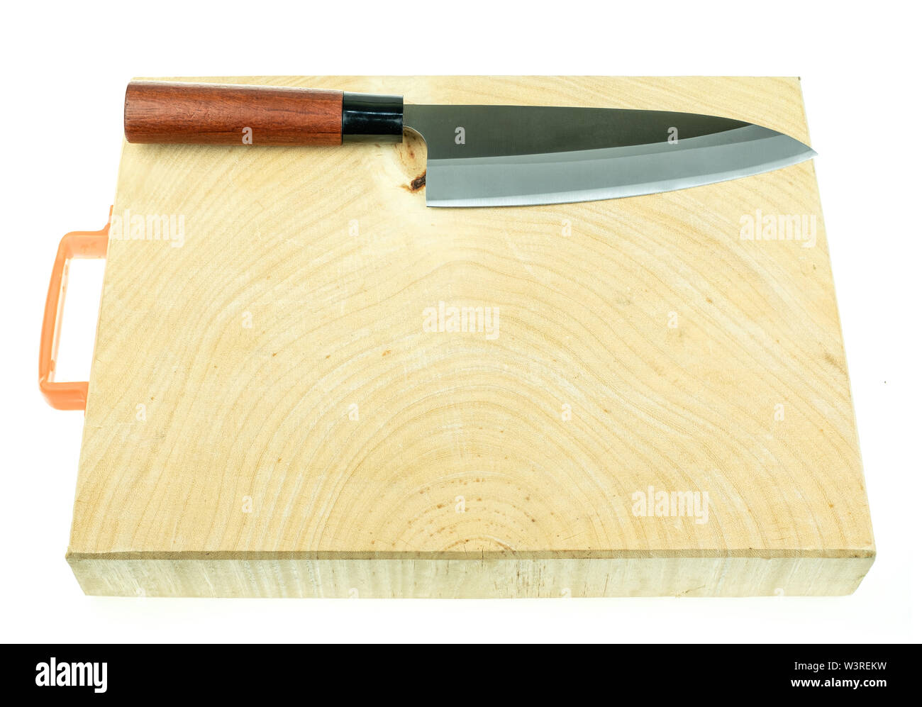 Kitchen Knife And Wood Butcher Block Countertop On White