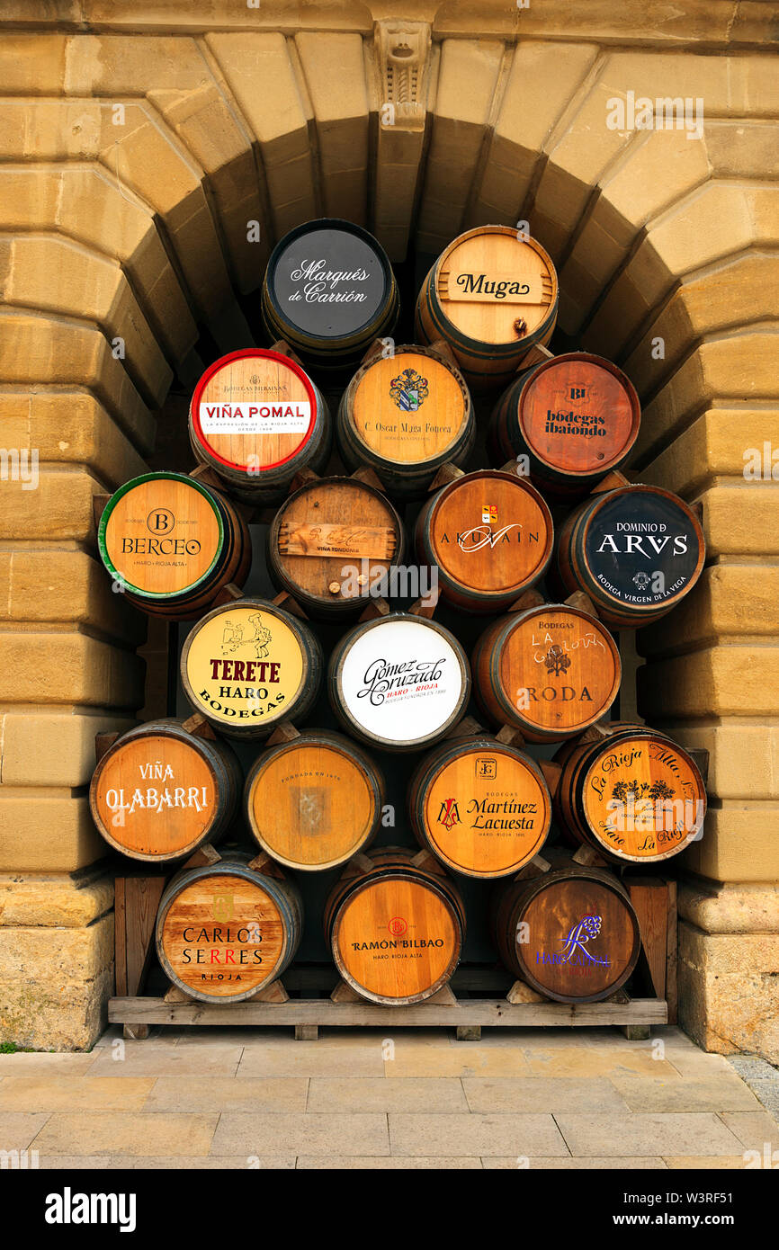 Wine barrels from the Rioja wine producers of the region displayed in