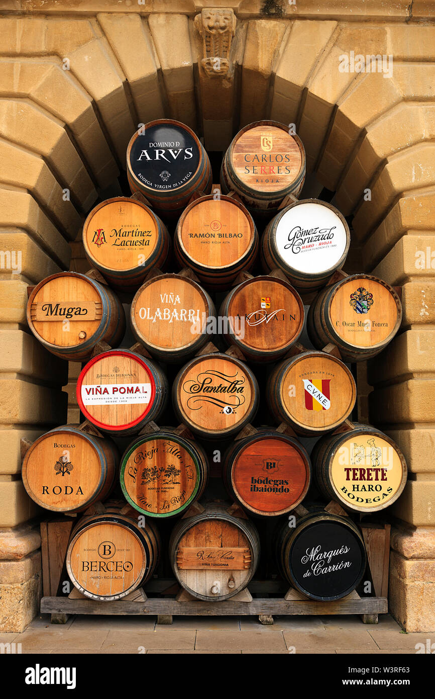 Wine barrels from the Rioja wine producers of the region displayed in