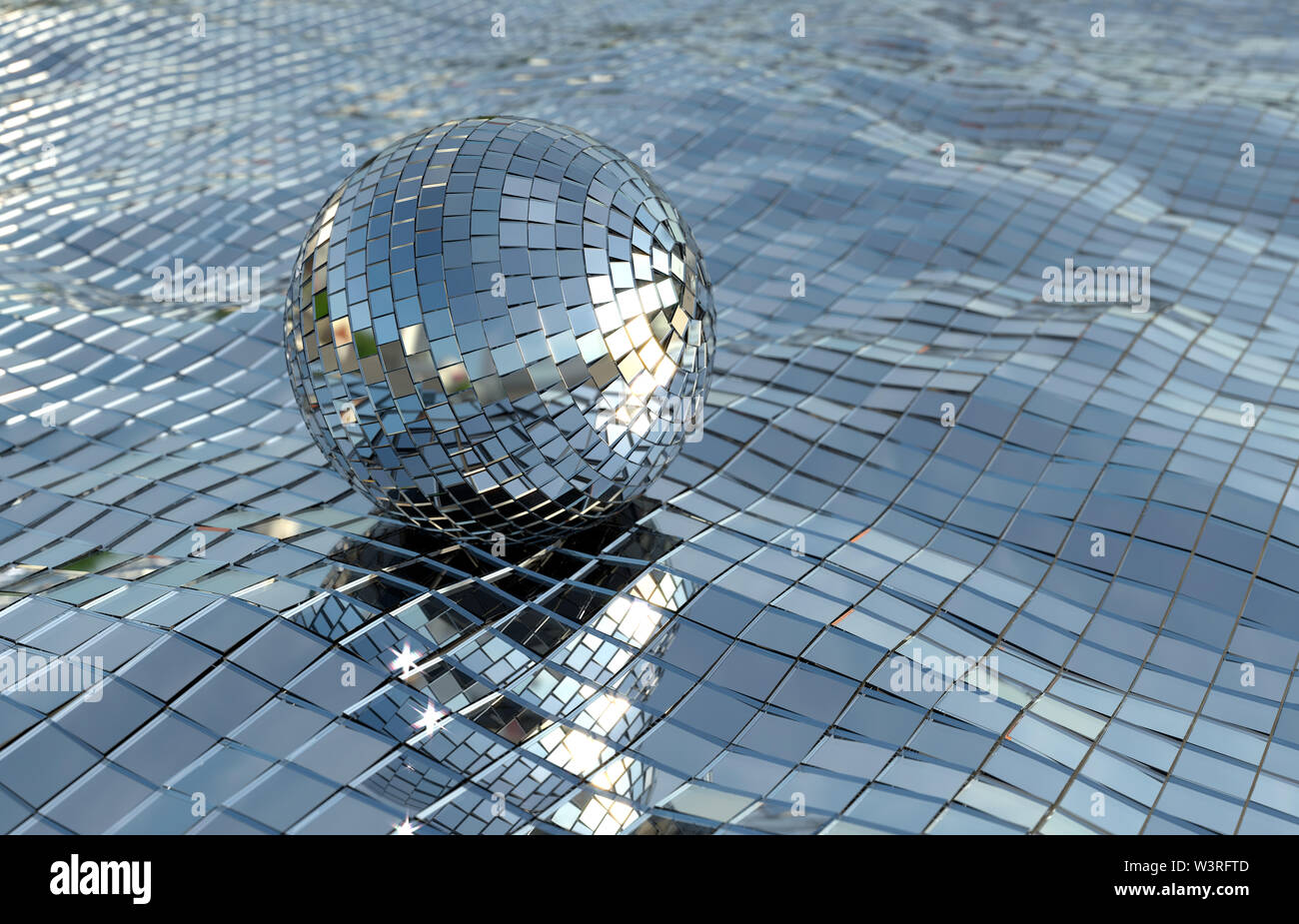 Disco ball (or mirror ball) floating on a mirror sea in the sun, ready for a cooling disco swim? Background image flyer poster Stock Photo
