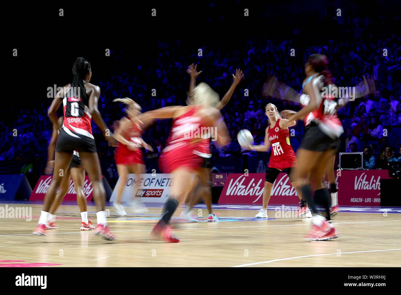 A general view of match action between England and Trinidad and Tobago during the Netball World Cup match at the M&S Bank Arena, Liverpool. Stock Photo