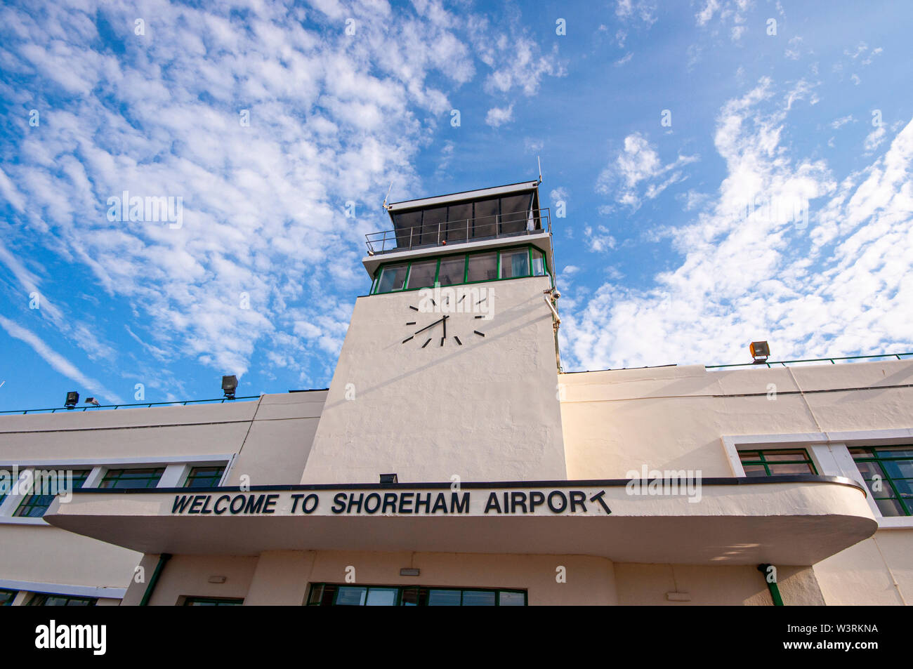Art Deco terminal building at Shoreham airport, or Brighton City airport, Sussex UK. Vintage air travel building. 1930 Listed building. Space for copy Stock Photo