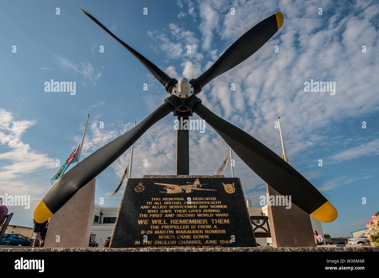 War memorial at the  terminal building at Shoreham airport, or Brighton City airport, Sussex, UK. Propeller from a US Martin Marauder. Space for copy Stock Photo