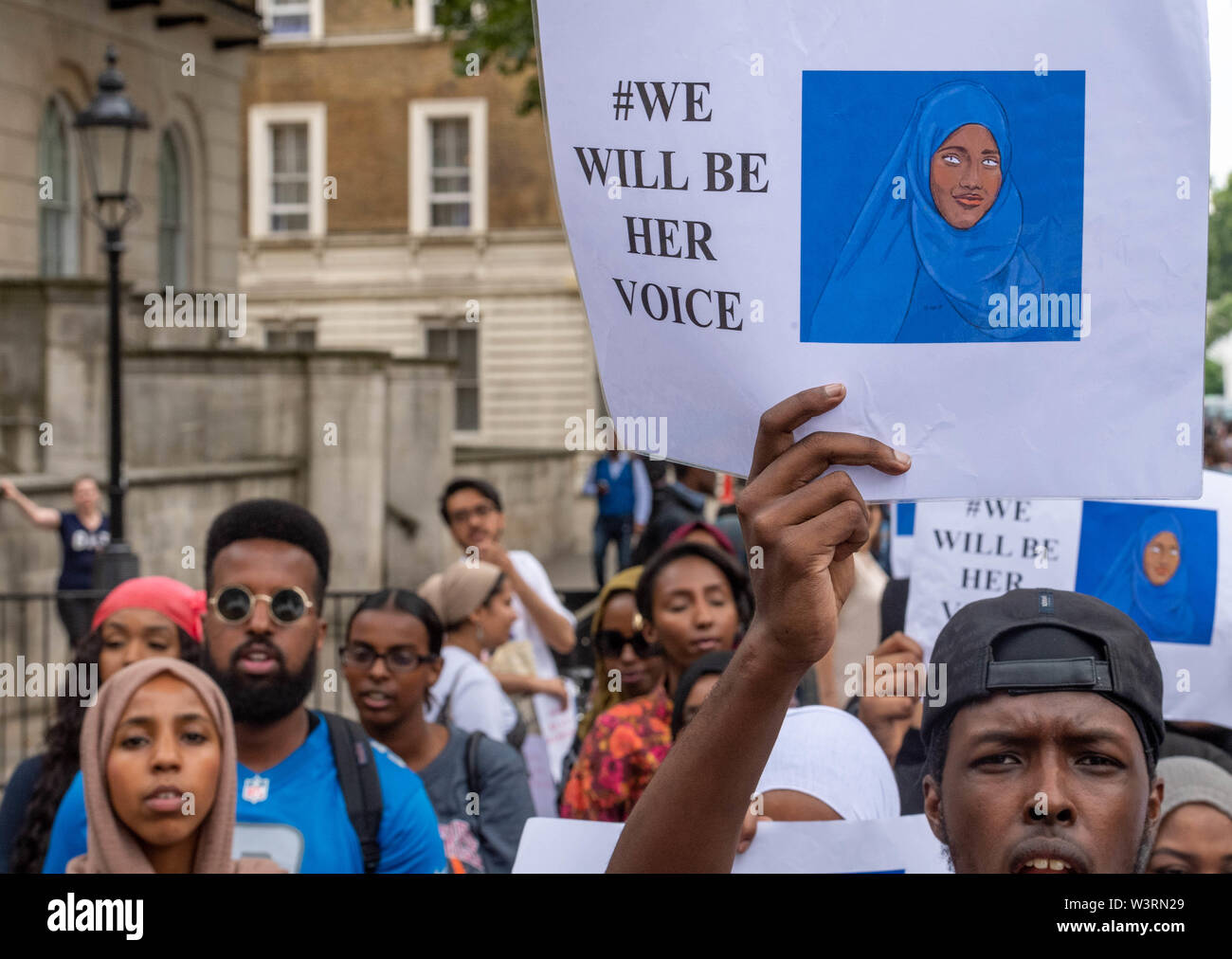 London 17th July 2019  A protest was held in Whitehall to raise awareness of the death of 12year old Shukri Abdi in Bury, Greater Manchester, protesters blame Greater Manchester Police for not investigating the death appropriately or the claims of bullying that the protesters believe let to her death. Credit Ian Davidson/Alamy Live News Stock Photo