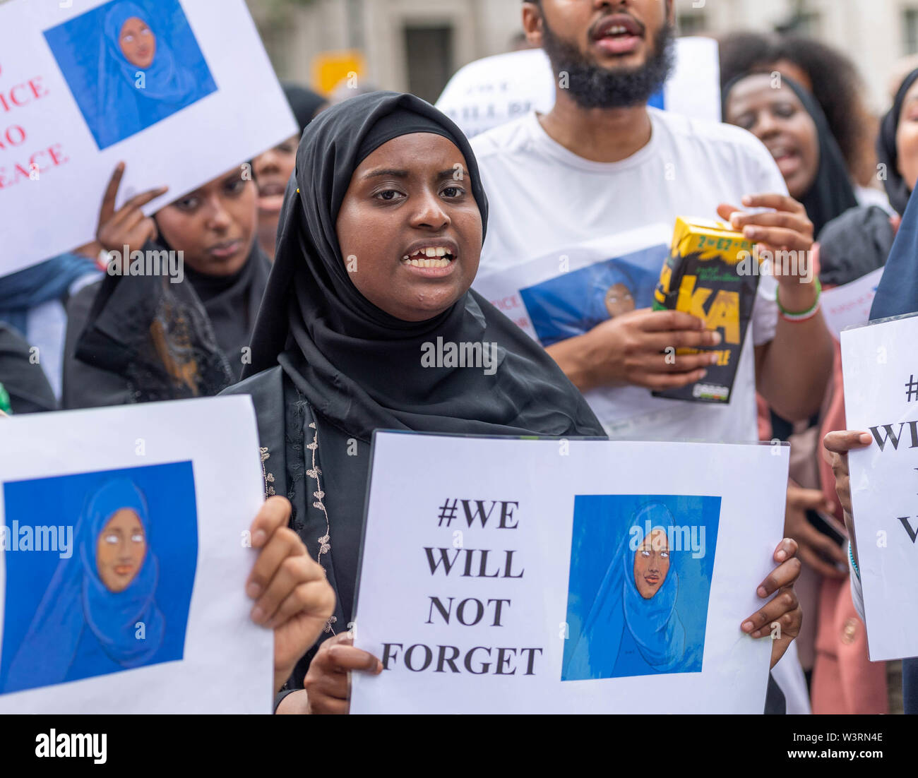 London 17th July 2019  A protest was held in Whitehall to raise awareness of the death of 12year old Shukri Abdi in Bury, Greater Manchester, protesters blame Greater Manchester Police for not investigating the death appropriately or the claims of bullying that the protesters believe let to her death. Credit Ian Davidson/Alamy Live News Stock Photo