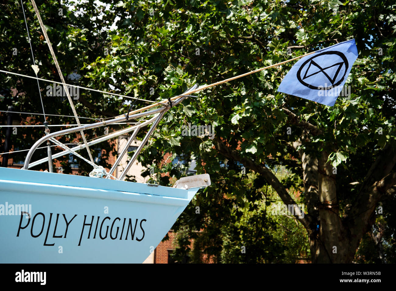 July 16th 2019. Extinction Rebellion at Waterloo. The blue boat named Polly Higgins in memory of the lawyer who fought for ecocide to be recognised as Stock Photo
