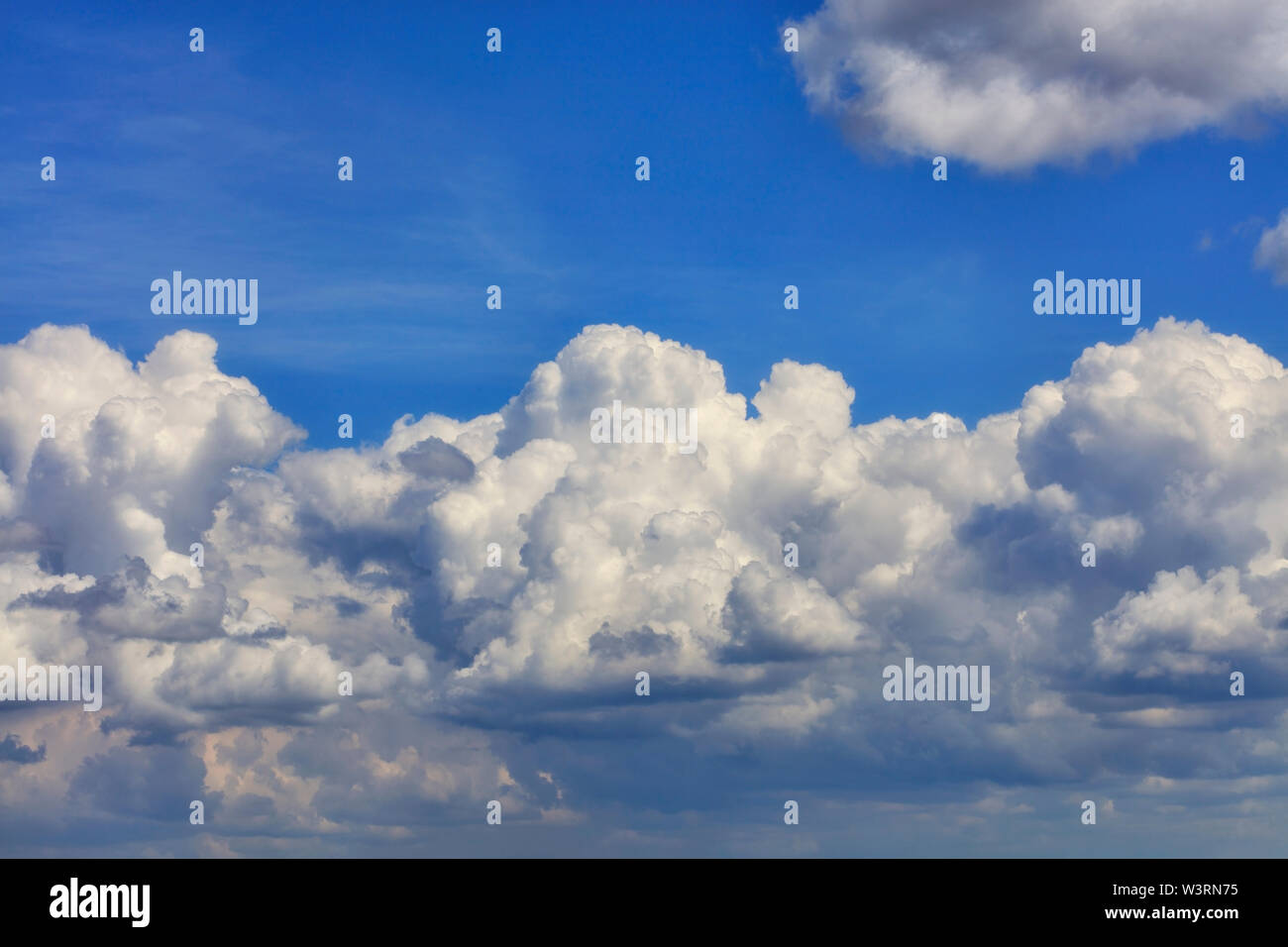 In the blue sky, a white-gray fluffy cloud gradually turns into a gray rainy cloud. Close-up. Stock Photo
