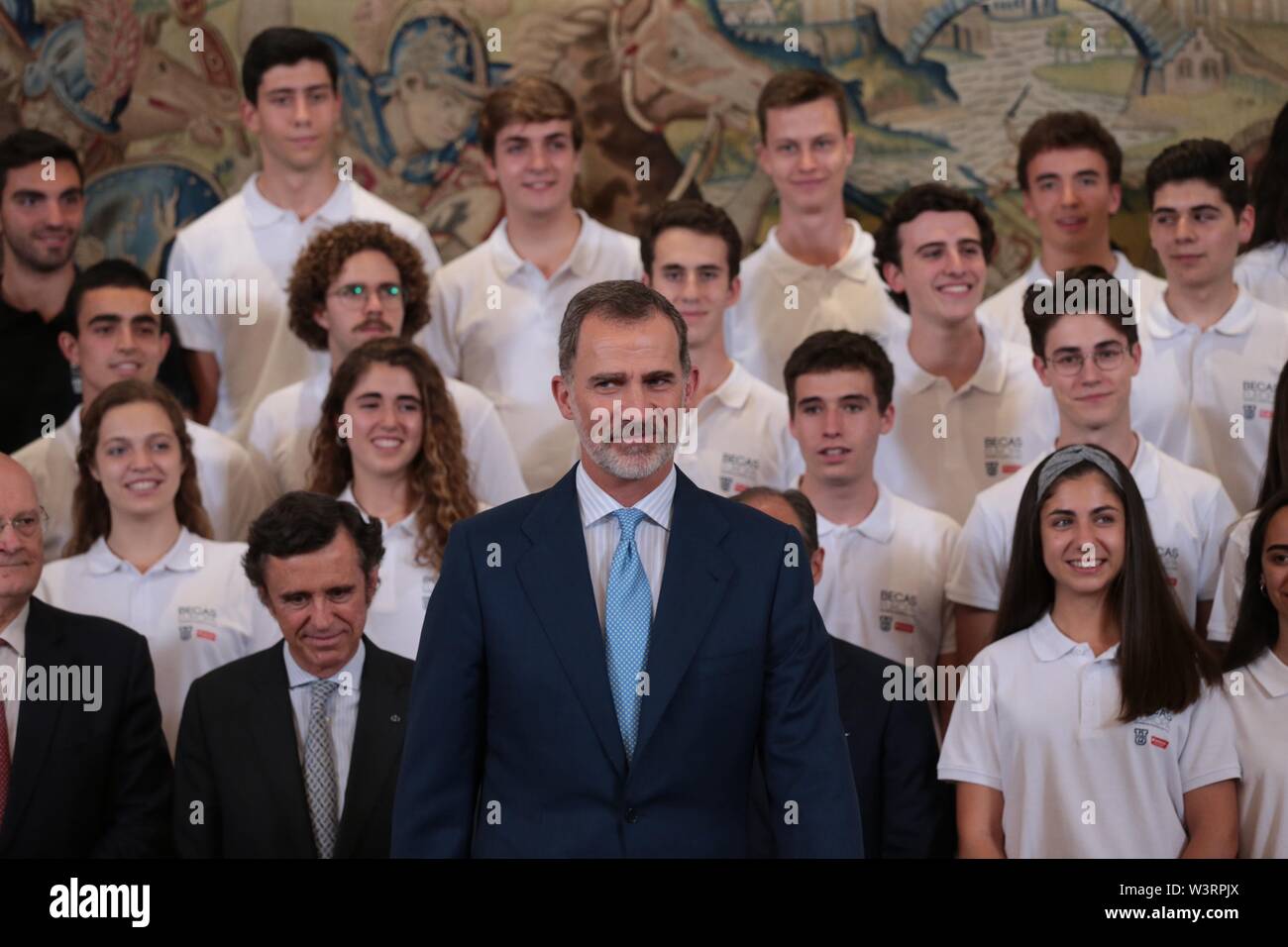 Madrid, Spain. 17th July, 2019. Madrid, Spain; 07/17/2019.Felipe VI King of Spain receives in a real audience the students participating in the XIV edition of the 'Becas Europa' program of the Francisco de Vitoria University, at Zarzuela Palace Credit: Juan Carlos Rojas/Picture Alliance | usage worldwide/dpa/Alamy Live News Stock Photo