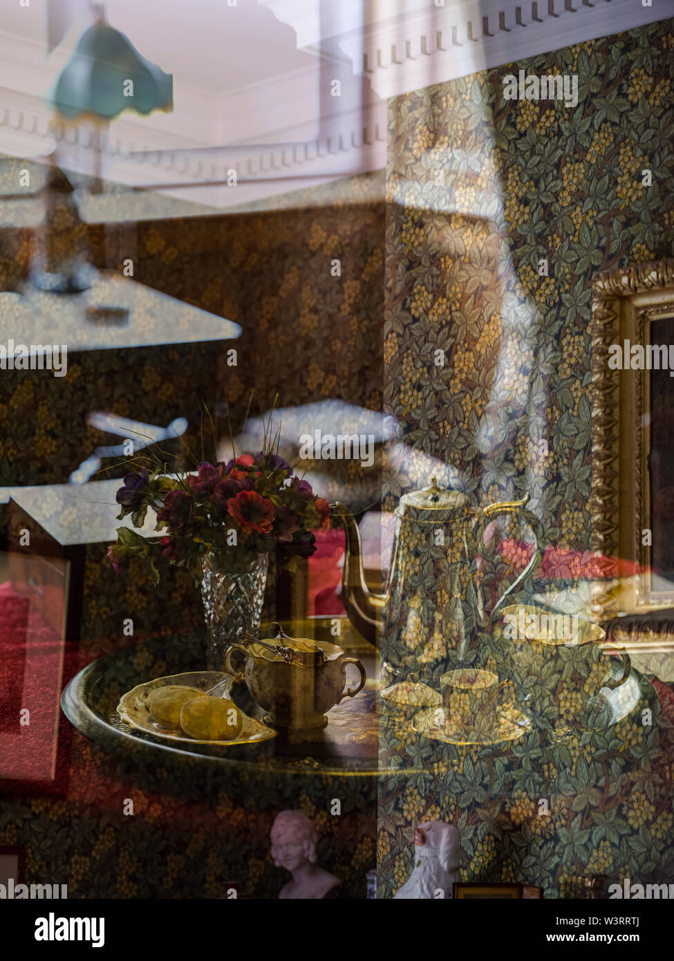 Traditional Bone China Tea set on tray with silver tea pot red velvet
