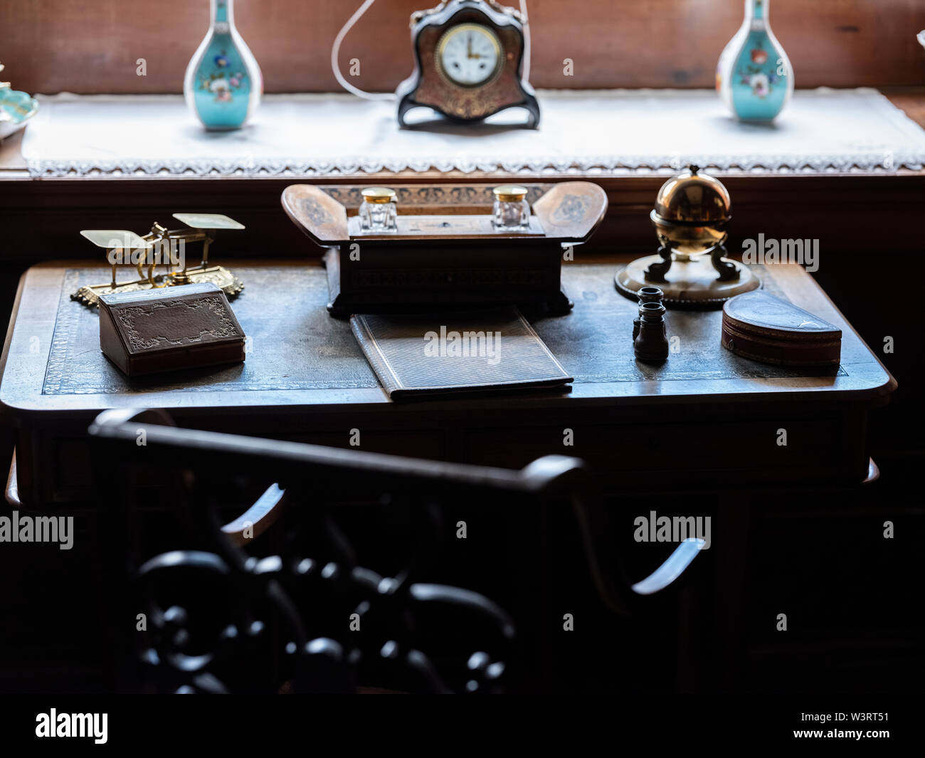 Vintage Antique Writing Desk with scales, inkwells, binoculars, leather inlaid table and