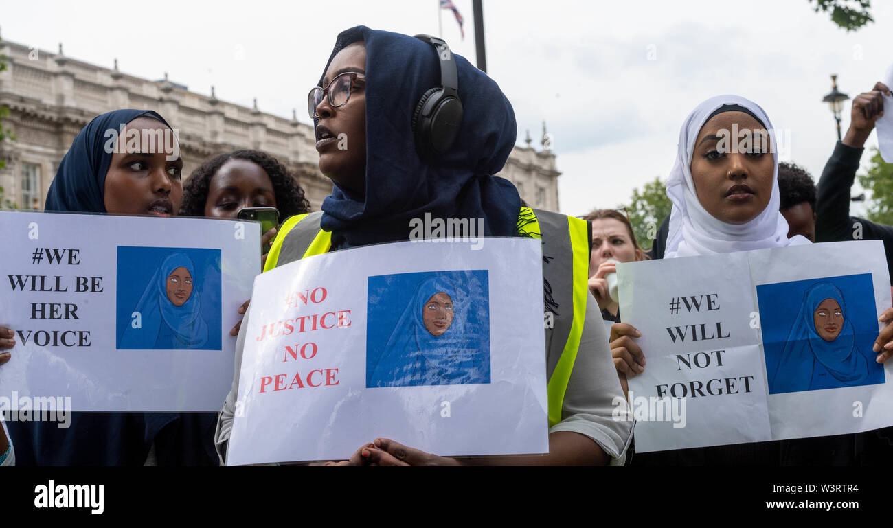 London 17th July 2019  A protest was held in Whitehall to raise awareness of the death of 12year old Shukri Abdi in Bury, Greater Manchester, protesters blame Greater Manchester Police for not investigating the death appropriately or the claims of bullying that the protesters believe let to her death. Credit Ian Davidson/Alamy Live News Stock Photo