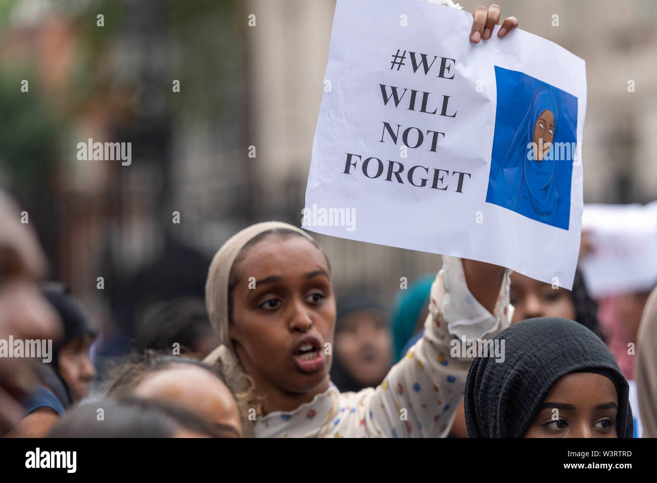 London 17th July 2019  A protest was held in Whitehall to raise awareness of the death of 12year old Shukri Abdi in Bury, Greater Manchester, protesters blame Greater Manchester Police for not investigating the death appropriately or the claims of bullying that the protesters believe let to her death. Credit Ian Davidson/Alamy Live News Stock Photo