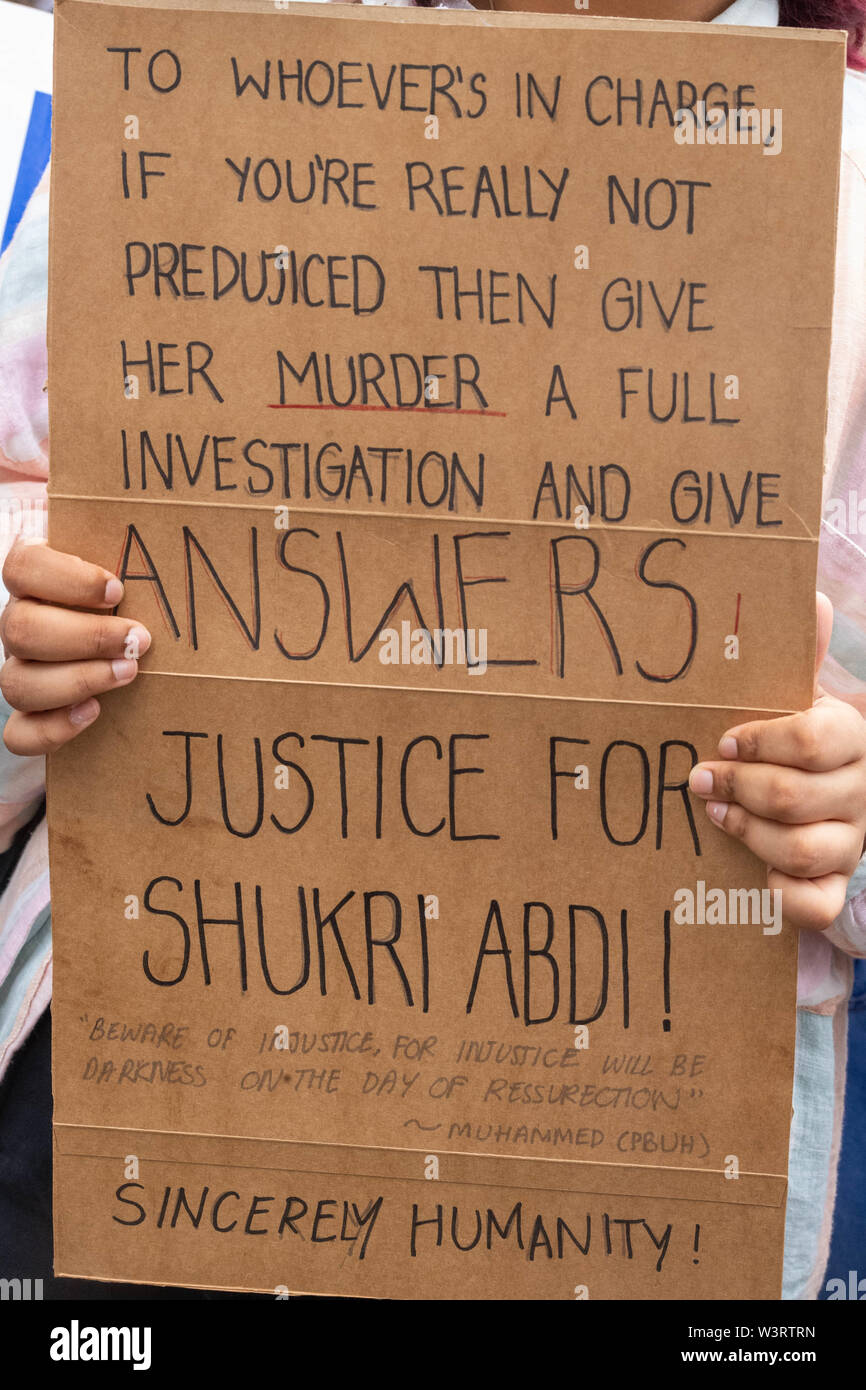 London 17th July 2019  A protest was held in Whitehall to raise awareness of the death of 12year old Shukri Abdi in Bury, Greater Manchester, protesters blame Greater Manchester Police for not investigating the death appropriately or the claims of bullying that the protesters believe let to her death. Credit Ian Davidson/Alamy Live News Stock Photo