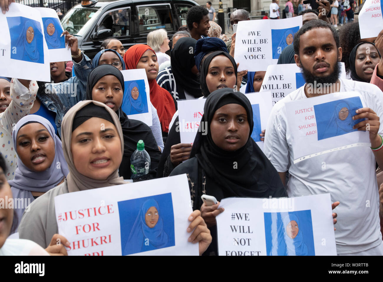 London 17th July 2019  A protest was held in Whitehall to raise awareness of the death of 12year old Shukri Abdi in Bury, Greater Manchester, protesters blame Greater Manchester Police for not investigating the death appropriately or the claims of bullying that the protesters believe let to her death. Credit Ian Davidson/Alamy Live News Stock Photo