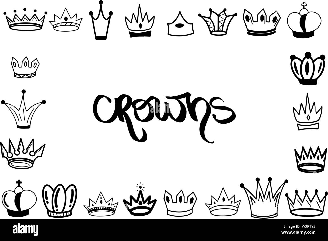 Crowns. Tiara. Diadem. Sketch crown. Hand drawn queen tiara, king crown. Royal imperial coronation symbols, monarch majestic jewel. Princess diadem. Stock Vector