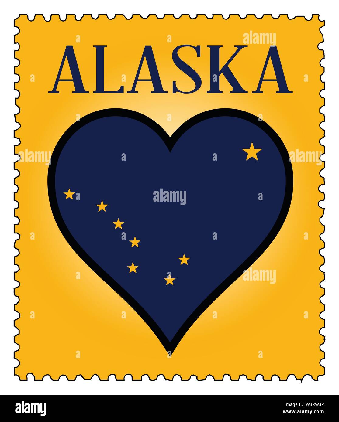 A postage stamp with a love Alaska heart and flag over a white