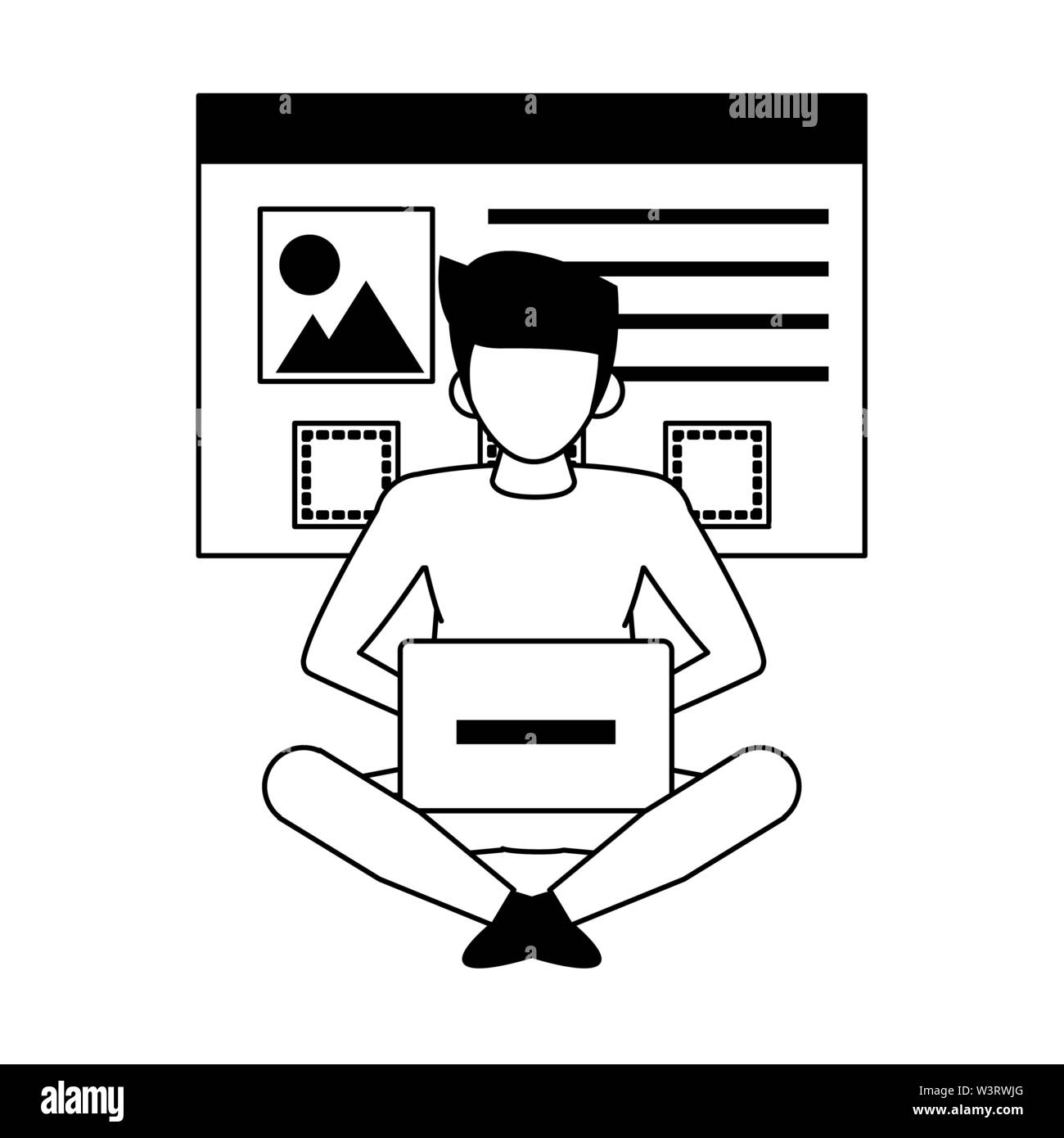 man using laptop computer cartoon in black and white Stock Vector Image