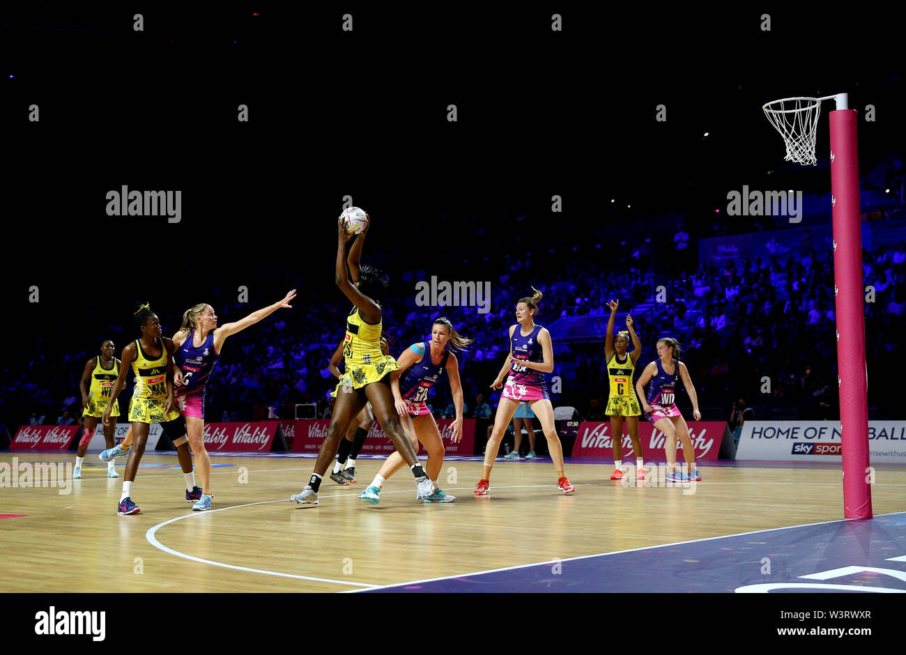 A general view of match action between Jamaica and Scotland during the Netball World Cup match at the M&S Bank Arena, Liverpool. Stock Photo