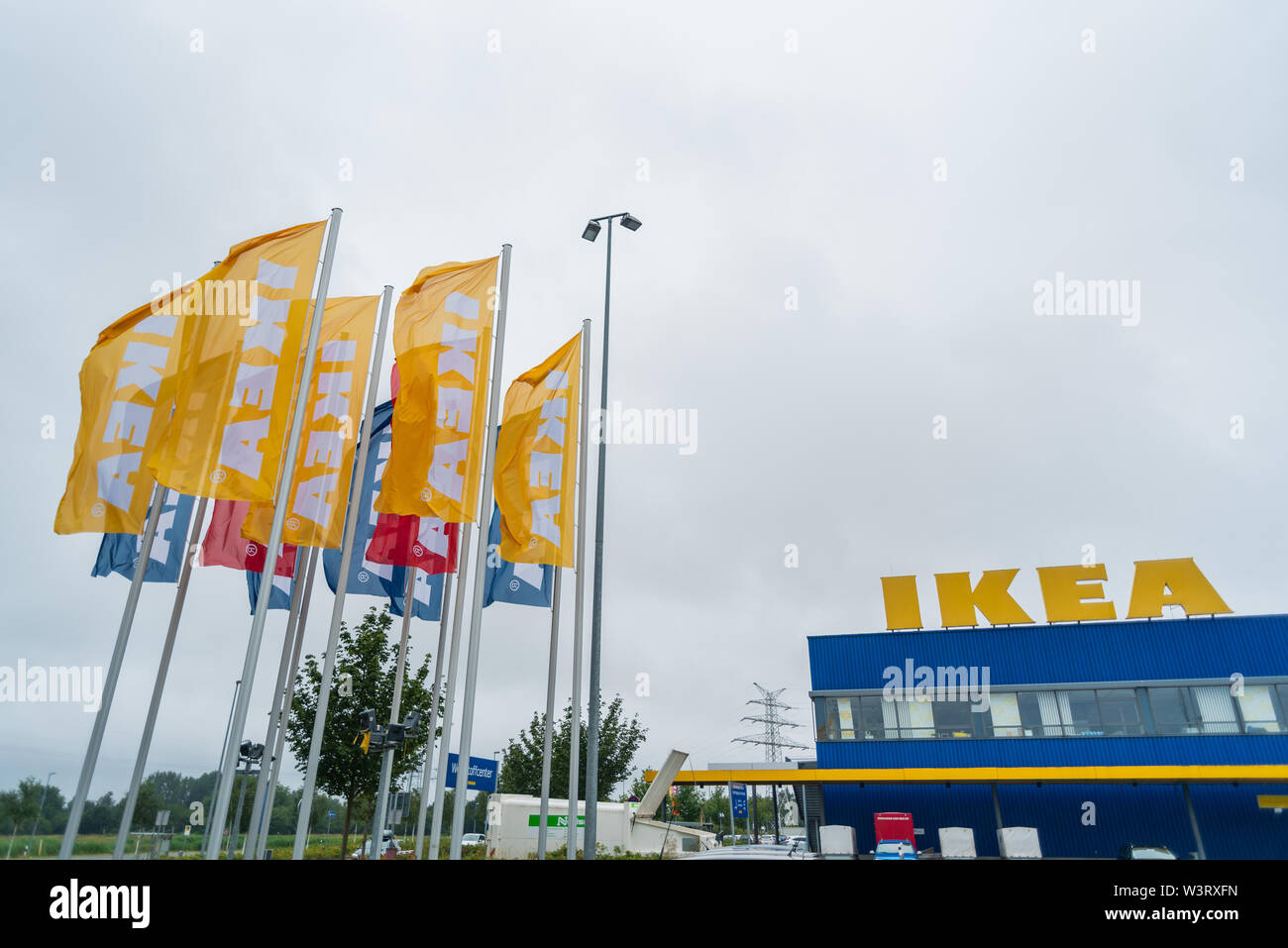 Oldenburg, Lower Saxony, Germany July 13, 2019 IKEA flags near the