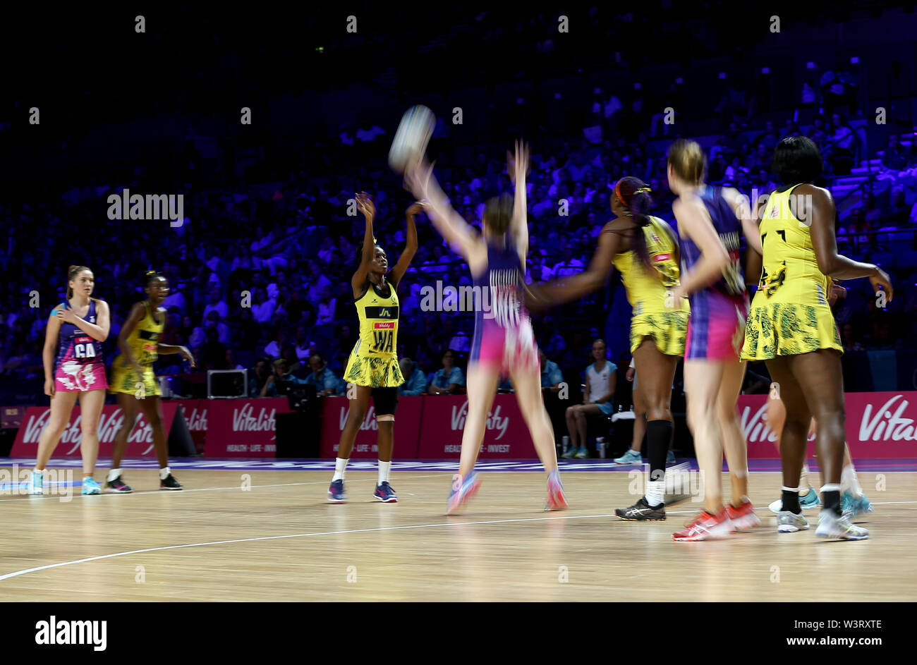 A general view of match action between Jamaica and Scotland during the netball World Cup match at the M&S Bank Arena, Liverpool. Stock Photo