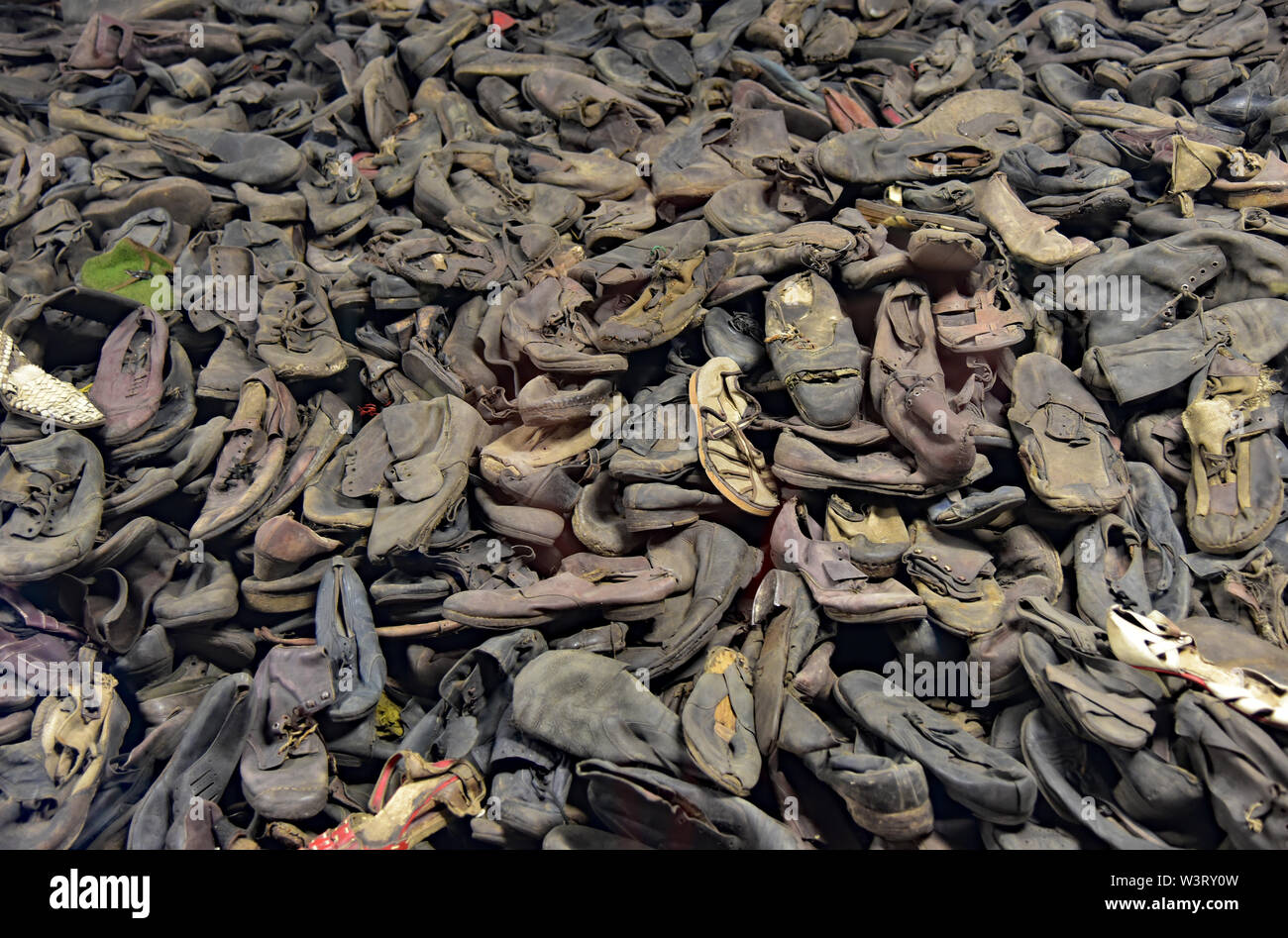 8,000 pairs of shoes (out of 1.3 million victims) represent a day's executions at the height of the Holocaust. Block 5, Auschwitz, Poland, Europe. Stock Photo