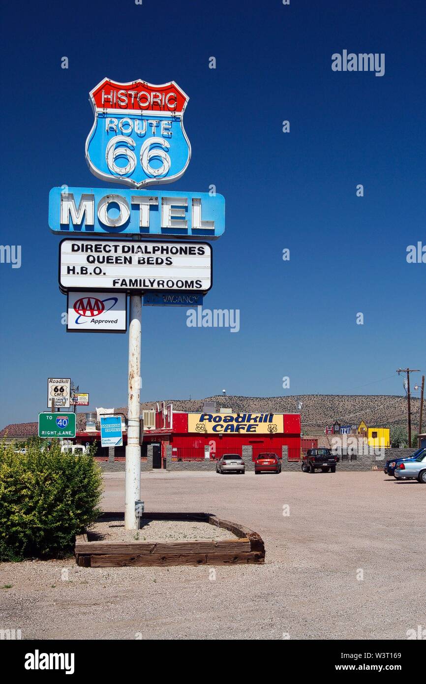 Roadkill Sign SELIGMAN (ARIZONA), USA - AUGUST 14. 2009: Motel sign of Roadkill Cafe ...