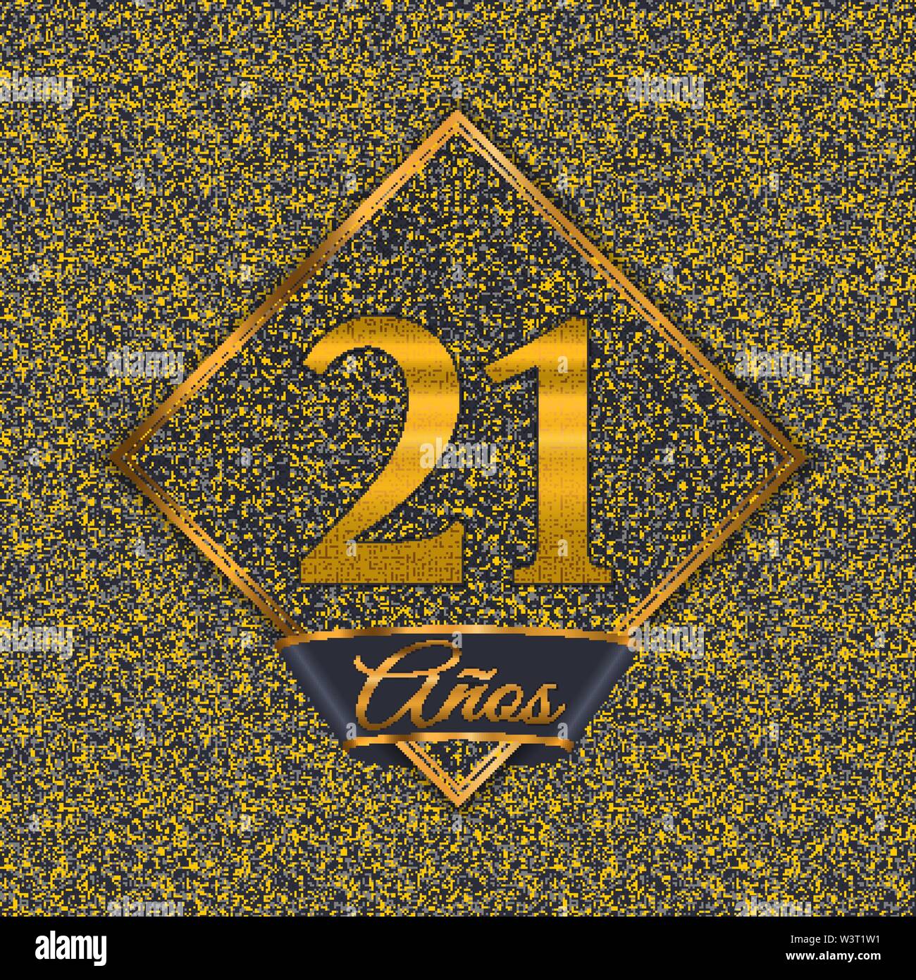 Spanish golden number twenty-one years (21 years) celebration design. Anniversary golden number with luxury backgrounds for your birthday party Stock Vector