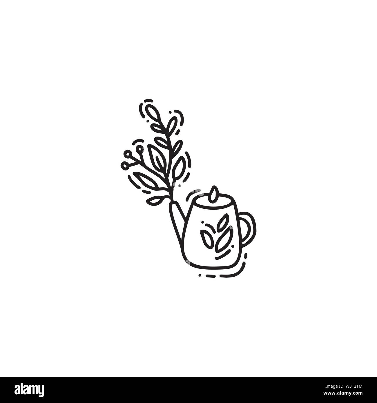 Hand drawn vector doodle illustration of tea kettle with branch. Teapot